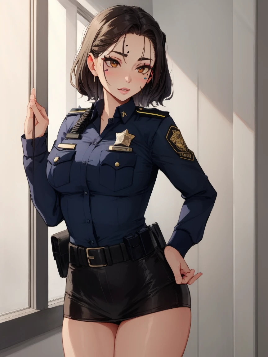 masterpiece,high resolution,1girl,solo,full body,woman,light smile,blush,medium breasts,skinny,realistic,20age,bar,aihaibara,police officer,miniskirt,earrings,braided boots,