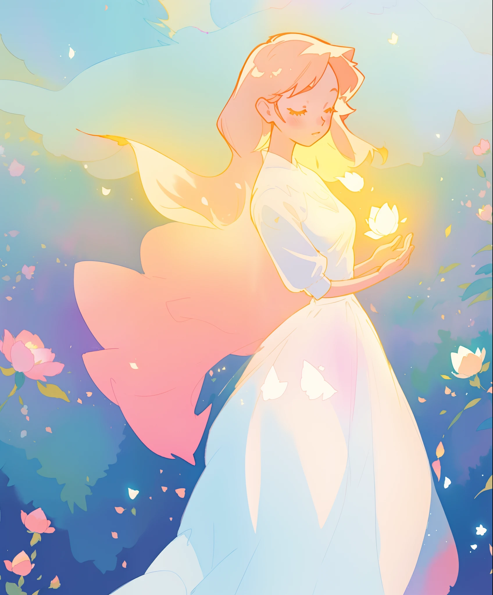 beautiful girl in white puffy ballgown, glowing ballgown, long gold peach hair, delicate white flowers in her hair, colorful fantasia background, watercolor illustration, disney art style, glowing aura around her, glowing lights, beautiful digital illustration, fantasia otherworldly landscape plants flowers, beautiful, masterpiece, best quality, anime disney style