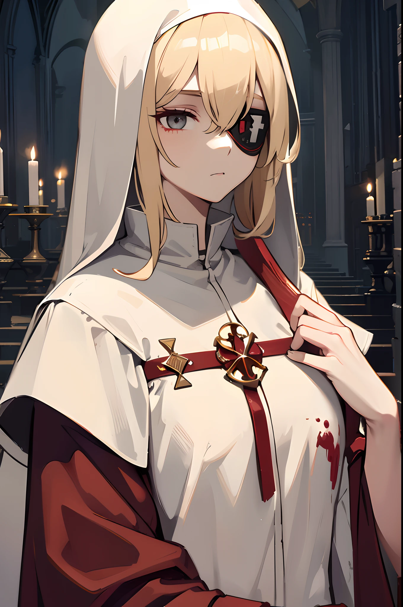 in a cathedral, dark setting, gothic, candles