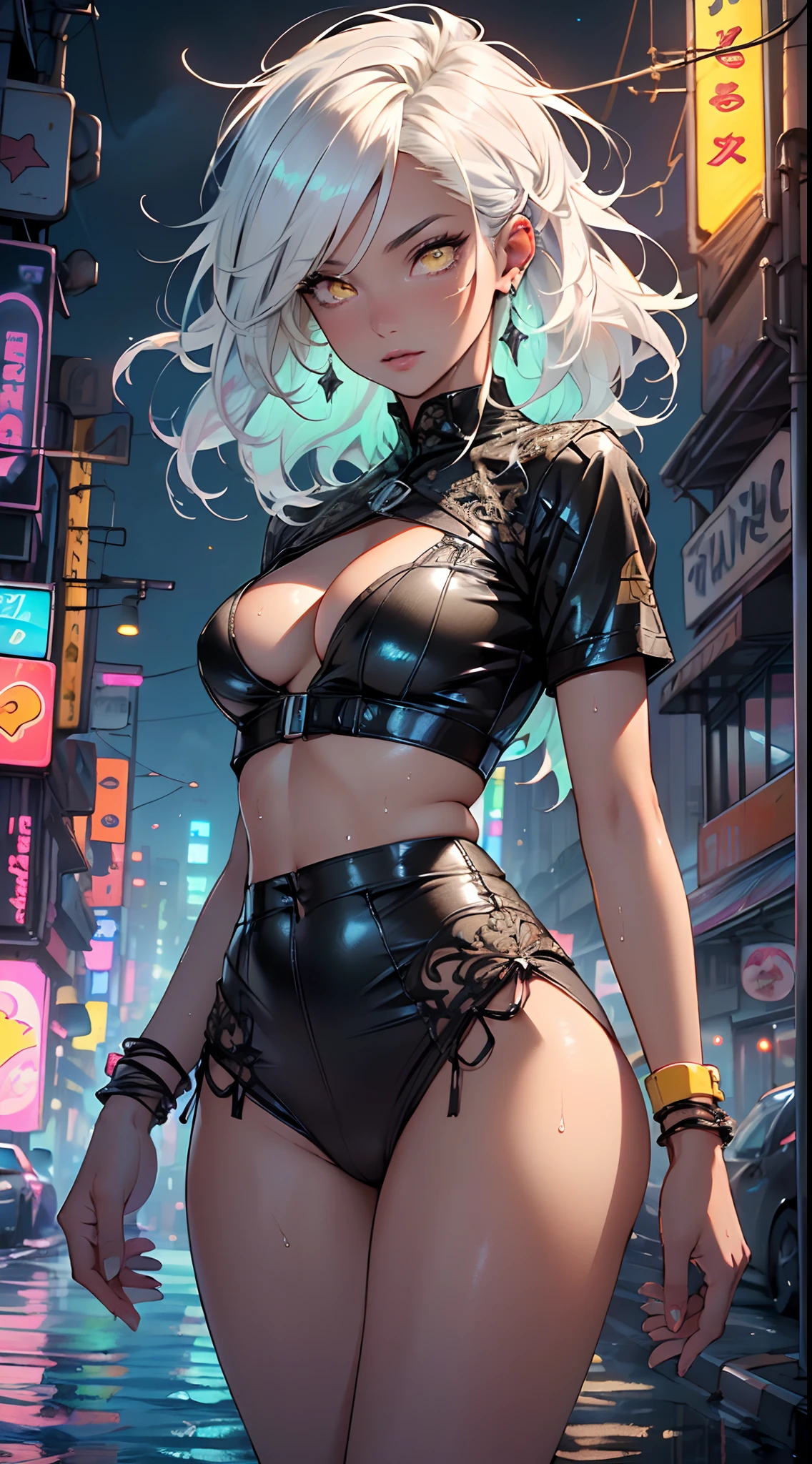 girl rave,(((1girl))),((girl with extremely cute and beautiful white hair)),dark skin,very dark skin,dark_skin,

(large breasts:1.4),saggy breasts,(((white hair:1.35,straight hair,long hair:1.4,colored inner hair,ear breathing))),(((light_yellow_eyes:1.3))),intricate eyes,beautiful detailed eyes,symmetrical eyes,big eyes:1.5,((fat)),((((black girl,black skin,dark-skinned_female,dark skin:1.3,ebony skin,lustrous skin:1.5,bright skin: 1.5,shiny skin,very shiny skin,shiny body,plastic glitter skin,exaggerated shiny skin,shiny skin like ebony,illuminated skin, wet legs))),(spider lower abdomen,narrow waist,wide hip,athletic body,inflated legs,detailed body,(detailed face)),((perfect feminine face)),

cute,slutty,seductive,erotic,((nsfw)),

zettai ryouiki,revealing clothing,show skin,((rave shirt with an yellow print,rave mini-skirt,visible thong straps)),((underpants strap)),(wearing a rave outfit:1.3,rave clothes,semi-naked,with little clothing),((wet clothes,intricate outfit,intricate clothes)),

(dynamic pose:1.0),solo focus,embarrassed,(centered,scale to fit dimensions,Rule of thirds),

cyberpunk city by the ocean at night, with bright neon signs and dark stormy clouds and puddles, scenery:1.25,nighttime, starry night, cosmos,Very dark night that makes the neon lights stand out, very bright neon lights,

artistic photography,(photography taken by sldr),highres, sharp focus,(ultra detailed, extremely detailed), (photorealistic artwork:1.37),(extremely detailed CG unity 8k wallpaper),((synthwave background theme)),(((vibrant colors))),intricate,(intricate background),(masterpiece),(best quality),perfect rendered face,perfect face details,realistic face,photo realistic,analog style,((intricate detail)),(((realism))),