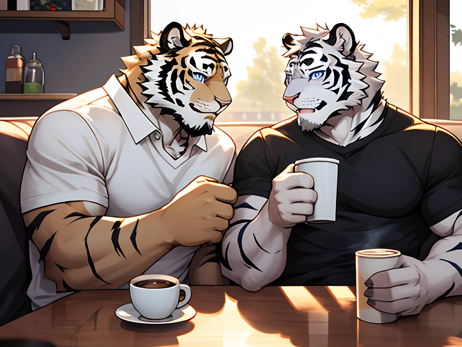 (Best Quality), 1Male,  (Furry White Tiger), Blue Eyes, White Medium Hair, Casual Set, Casual Black Shirt, Muscular, Good Looking, 1Male, (Furry White Tiger), Purple Eyes, Gray Medium Hair, Gray Facial Hair, Casual Set, Casual White Shirt, Good Looking, Muscular, (Drinking a cup of coffee)), Sitting in sofa, table, close to each other, Comfortable, Warm Feeling, Joy Expression, Morning, Cafe Background.