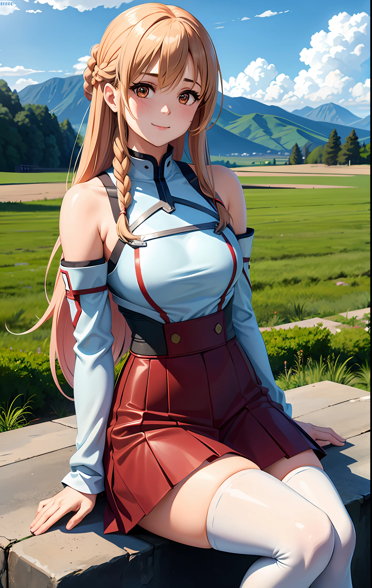 1girl, asuna_\(sao\), bangs, bare_shoulders, blue_sky, blush, boots, braid, breastplate, breasts, brown_eyes, closed_mouth, cloud, cloudy_sky, day, detached_sleeves, grass, hair_between_eyes, long_hair, looking_at_viewer, mountain, outdoors, rock, sitting, skirt, sky, smile, solo, thighhighs, very_long_hair