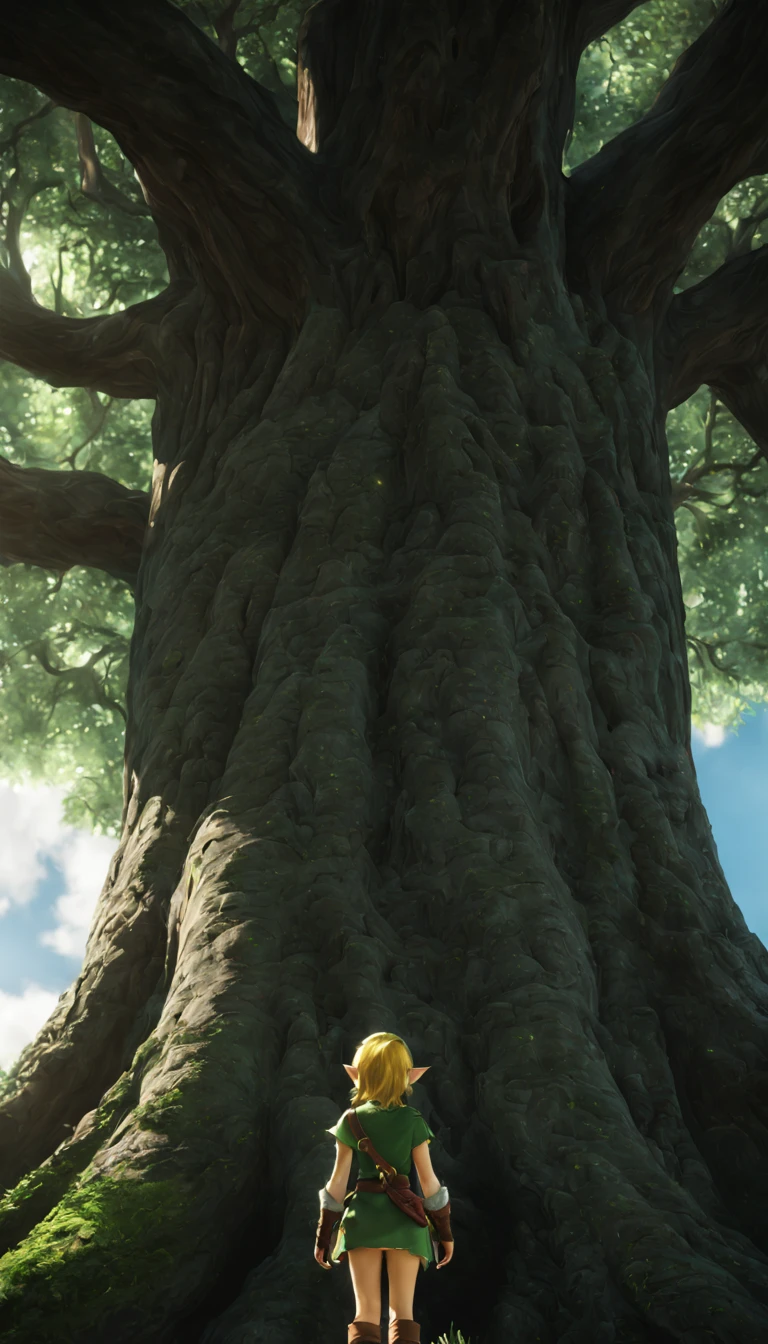 A femenine version of link from tloz in front of the great deku tree, intricate tree texture, cinematic, Nightfall, soft light from the right, epic, from behind