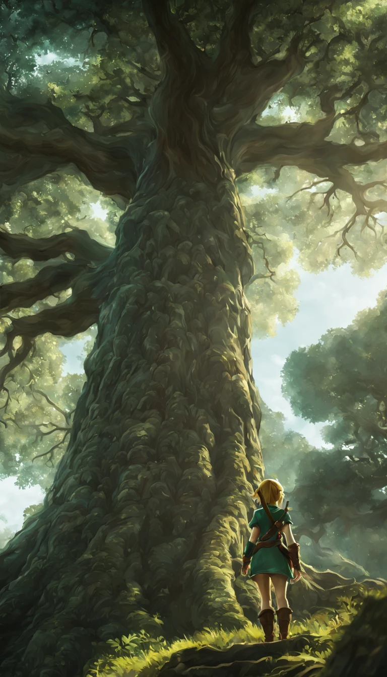 A femenine version of link from tloz in front of the great deku tree, intricate tree texture, cinematic, Nightfall, soft light from the right, epic, from behind