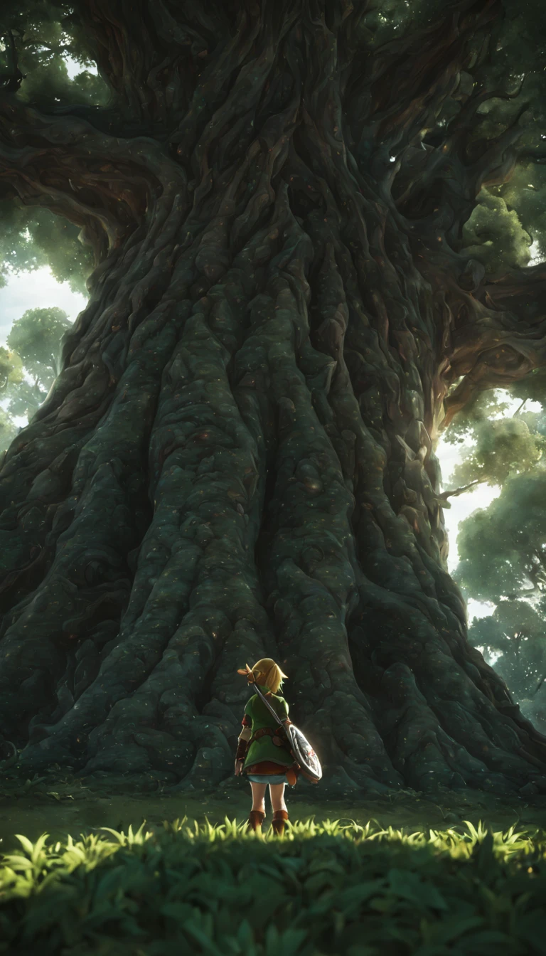 A femenine version of link from tloz in front of the great deku tree, intricate tree texture, cinematic, Nightfall, soft light from the right, epic, from behind