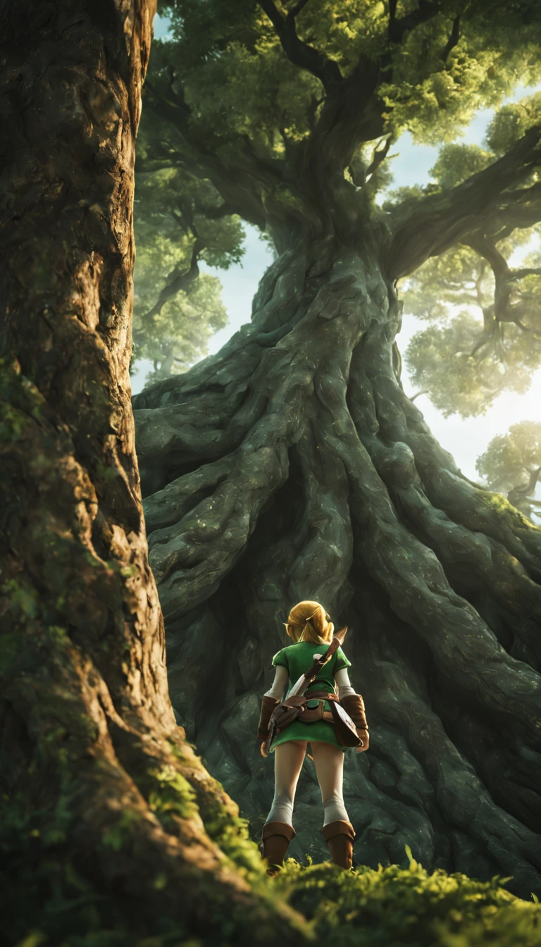 A femenine version of link from tloz in front of the great deku tree, intricate tree texture, cinematic, Nightfall, soft light from the right, epic, from behind