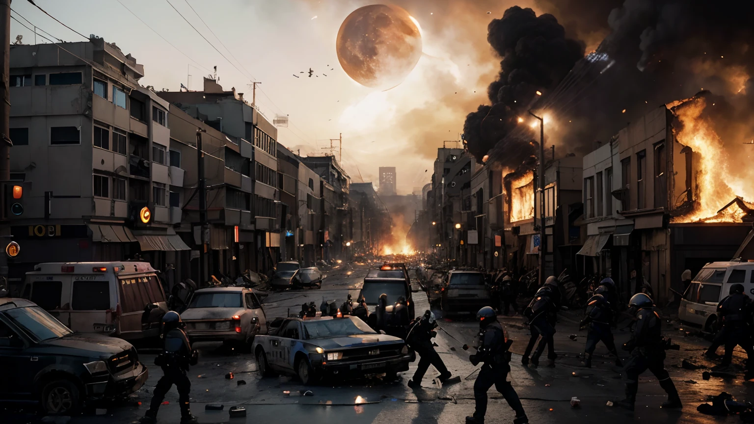 Large scale riot involving police versus  civilians on a street, burning building in background, bodies in streets, fighting, bloody, violent, chaotic, end of the world, 8k, high quality, highly detailed, bleak, death, lunar eclipse, building collapsing