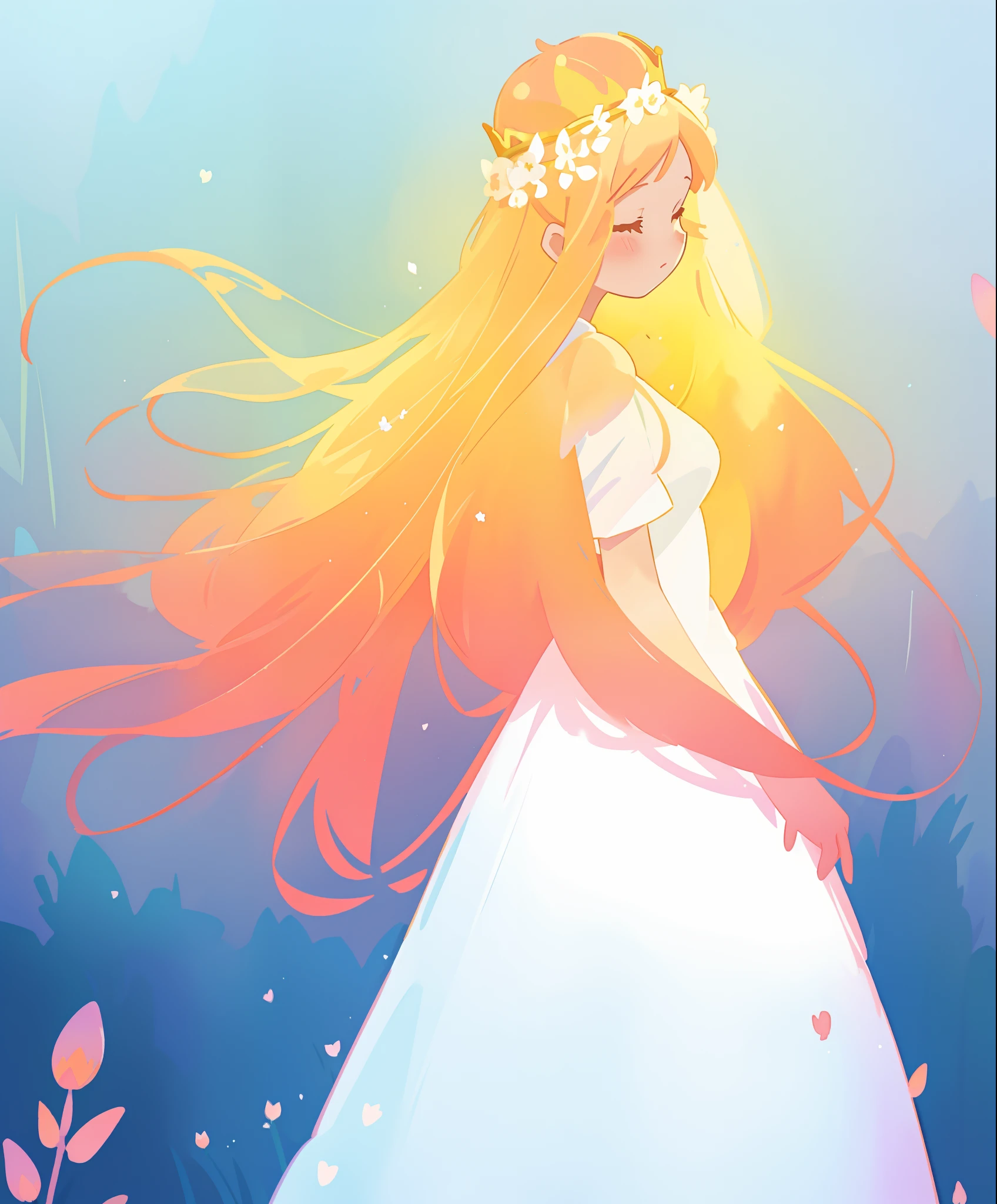 beautiful girl in white puffy ballgown, glowing ballgown, long gold peach hair, crown of delicate white flowers, colorful fantasia background, watercolor illustration, disney art style, glowing aura around her, glowing lights, beautiful digital illustration, fantasia otherworldly landscape plants flowers, beautiful, masterpiece, best quality, anime disney style
