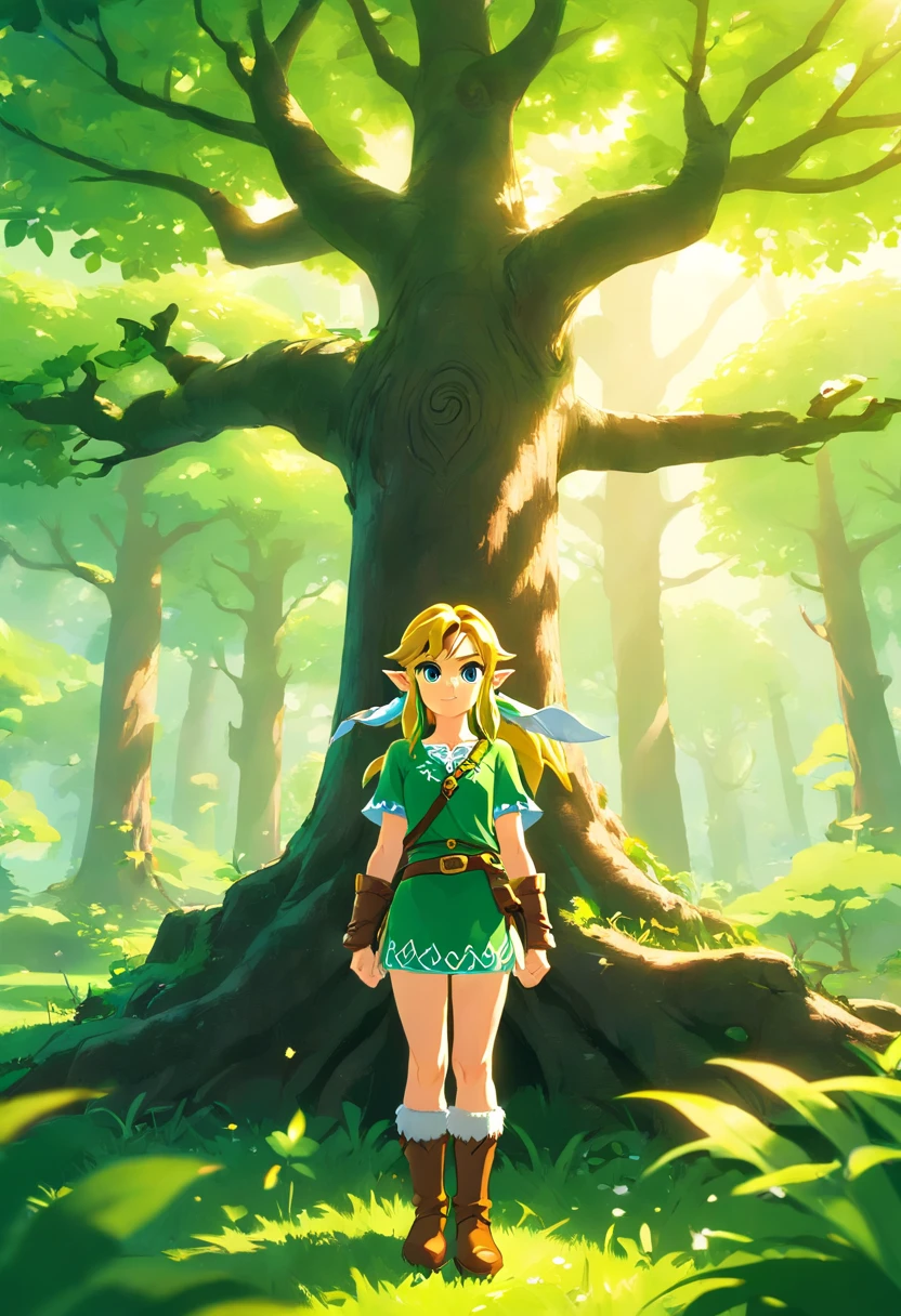A femenine version of link from tloz in front of the great deku tree, intricate tree, (cinematic), soft light from the right, epic, from behind, from below, a really big tree