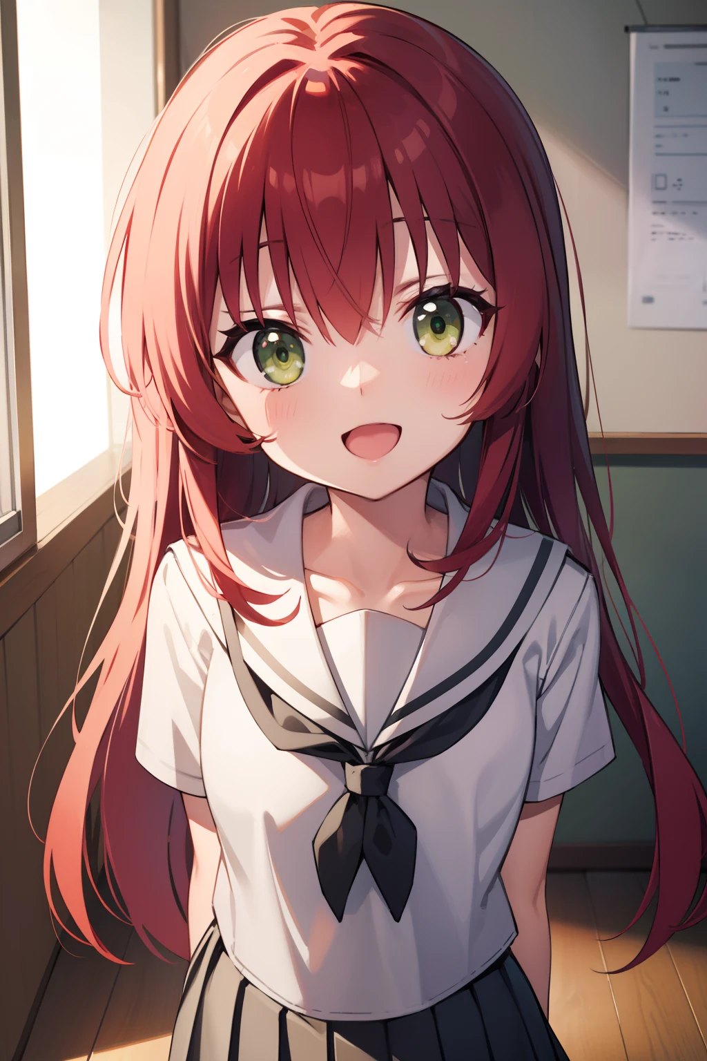 kitaikuyo, ikuyo kita, (green eyes:1.5), hair between eyes, long hair, one side up, red hair, (flat chest:1.2),
BREAK black footwear, black skirt, grey sailor collar, pleated skirt, sailor collar, school uniform, shoes, short sleeves, shuka high school uniform, skirt,,
BREAK looking at viewer,
BREAK indoors, classroom,
BREAK (masterpiece:1.2), best quality, high resolution, unity 8k wallpaper, (illustration:0.8), (beautiful detailed eyes:1.6), extremely detailed face, perfect lighting, extremely detailed CG, (perfect hands, perfect ???????),up chest.put hands on the hip.big breasts.smile.open mouth.