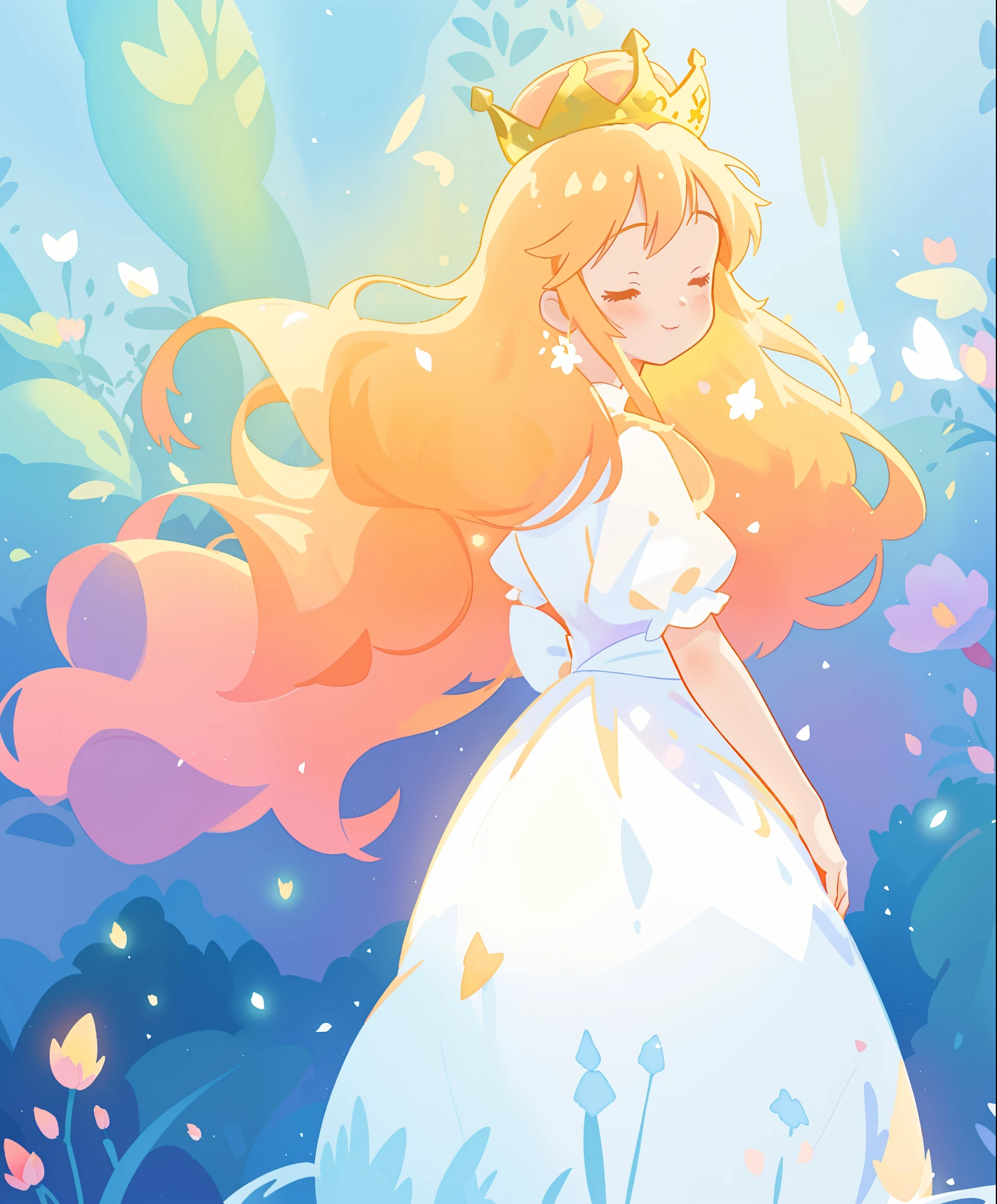 beautiful girl in white puffy ballgown, glowing ballgown, long gold peach hair, crown of delicate white flowers, colorful fantasia background, watercolor illustration, disney art style, glowing aura around her, glowing lights, beautiful digital illustration, fantasia otherworldly landscape plants flowers, beautiful, masterpiece, best quality, anime disney style