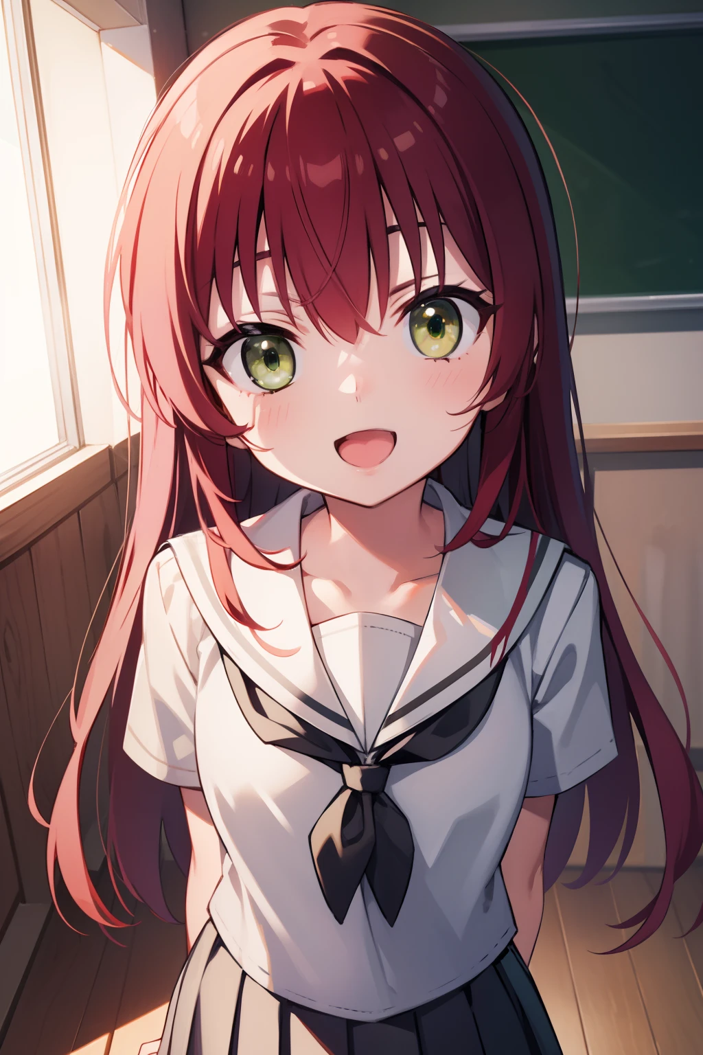 kitaikuyo, ikuyo kita, (green eyes:1.5), hair between eyes, long hair, one side up, red hair, (flat chest:1.2),
BREAK black footwear, black skirt, grey sailor collar, pleated skirt, sailor collar, school uniform, shoes, short sleeves, shuka high school uniform, skirt,,
BREAK looking at viewer,
BREAK indoors, classroom,
BREAK (masterpiece:1.2), best quality, high resolution, unity 8k wallpaper, (illustration:0.8), (beautiful detailed eyes:1.6), extremely detailed face, perfect lighting, extremely detailed CG, (perfect hands, perfect anatomy),up chest.put hands on the hip.big breasts.smile.open mouth.