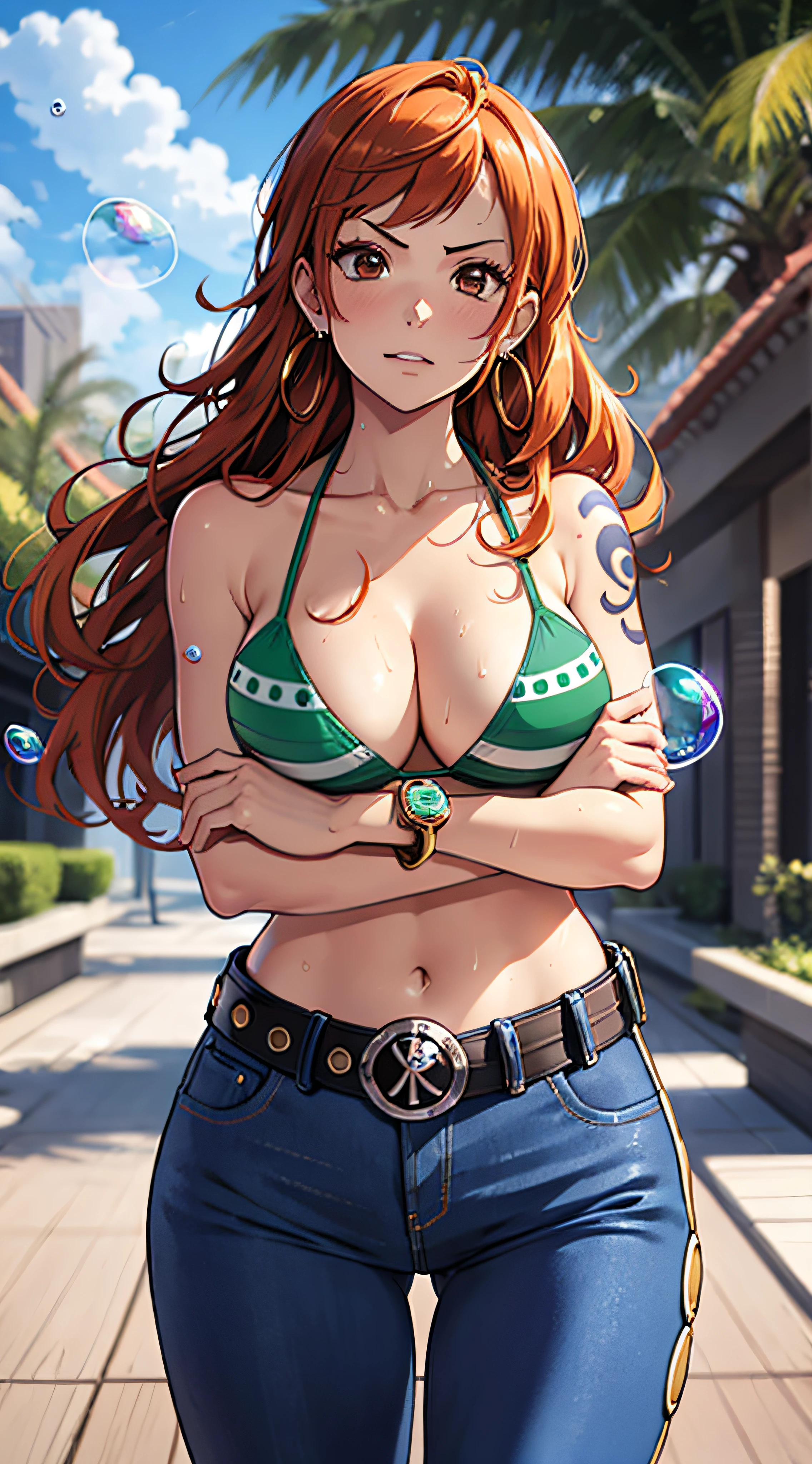 nami \(one piece\), 1girl, bangle, bangs, bare shoulders, belt, bikini, bikini top only, bracelet, breasts, brown eyes, bubble, cleavage, denim, earrings, floating hair, green belt, green bikini, groin, jeans, jewelry, large breasts, long hair, looking at own body, navel, orange hair, pants, shoulder tattoo, sidelocks, sky, smile, solo, stomach, swimsuit, tattoo, angry, crossed arms, (sweaty:1,2), shy, flusttered, , ((masterpiece))