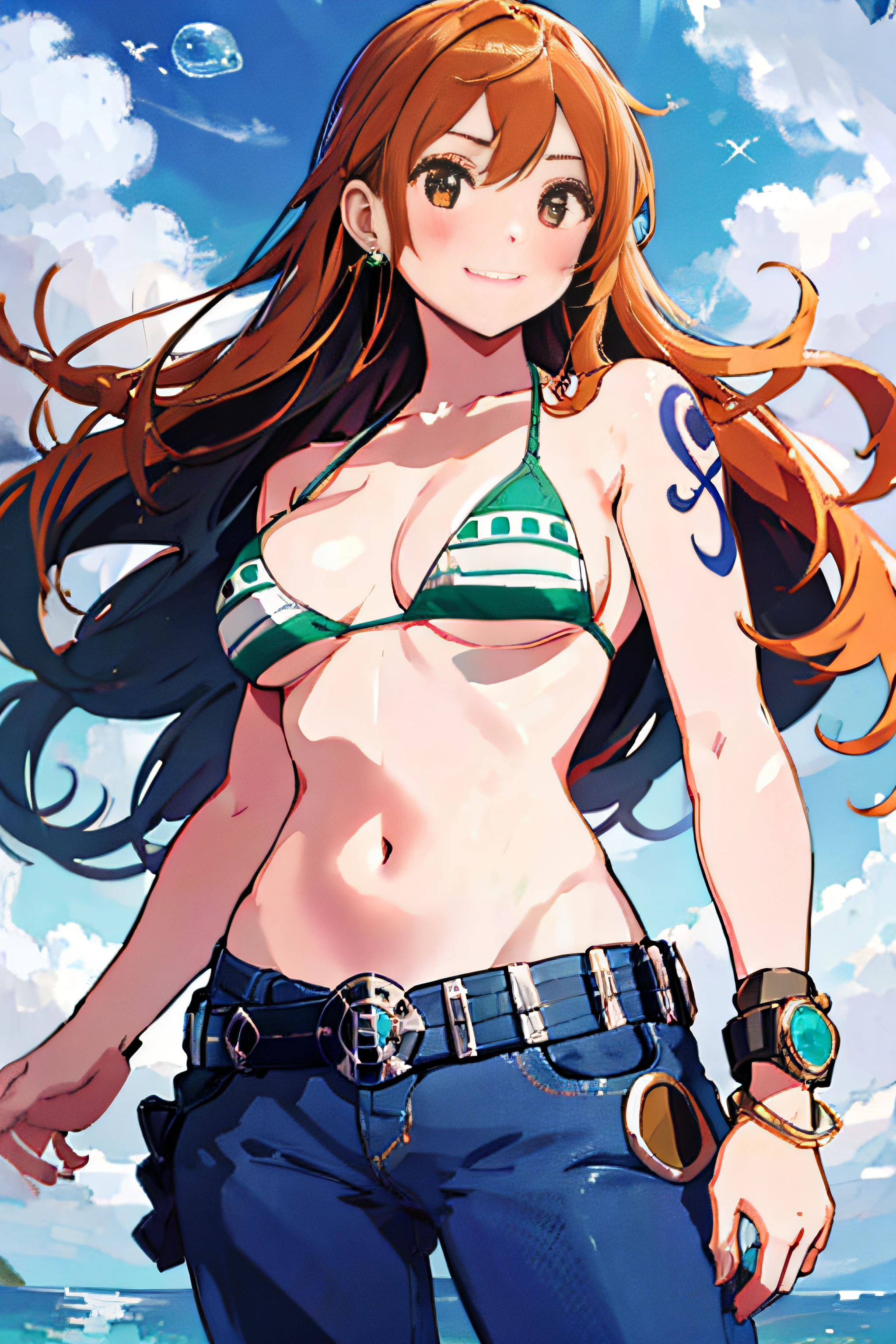 detailed background, masterpiece, best quality, 1girl, solo, nami \(one piece\), 1girl, bangle, bangs, bare shoulders, belt, bikini, bikini top only, blue sky, bracelet, breasts, brown eyes, bubble, cleavage, cloud, cowboy shot, day, denim, earrings, floating hair, green belt, green bikini, groin, jeans, jewelry, large breasts, log pose, long hair, looking at viewer, navel, orange hair, pants, shoulder tattoo, sidelocks, sky, smile, solo, standing, stomach, swimsuit, tattoo , looking at viewer