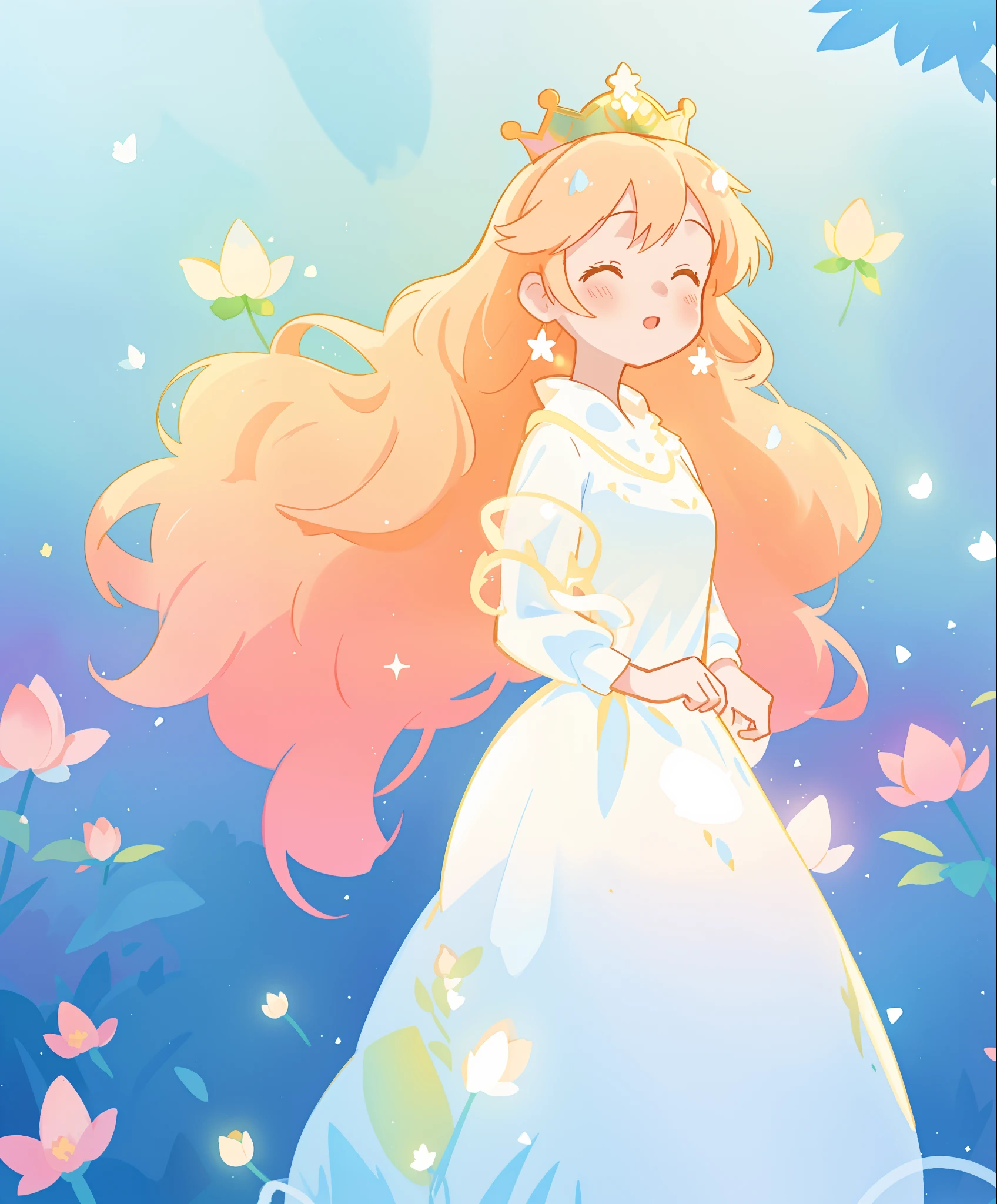 beautiful girl in white puffy ballgown, glowing ballgown, long gold peach hair, crown of delicate white flowers, colorful fantasia background, watercolor illustration, disney art style, glowing aura around her, glowing lights, beautiful digital illustration, fantasia otherworldly landscape plants flowers, beautiful, masterpiece, best quality, anime disney style