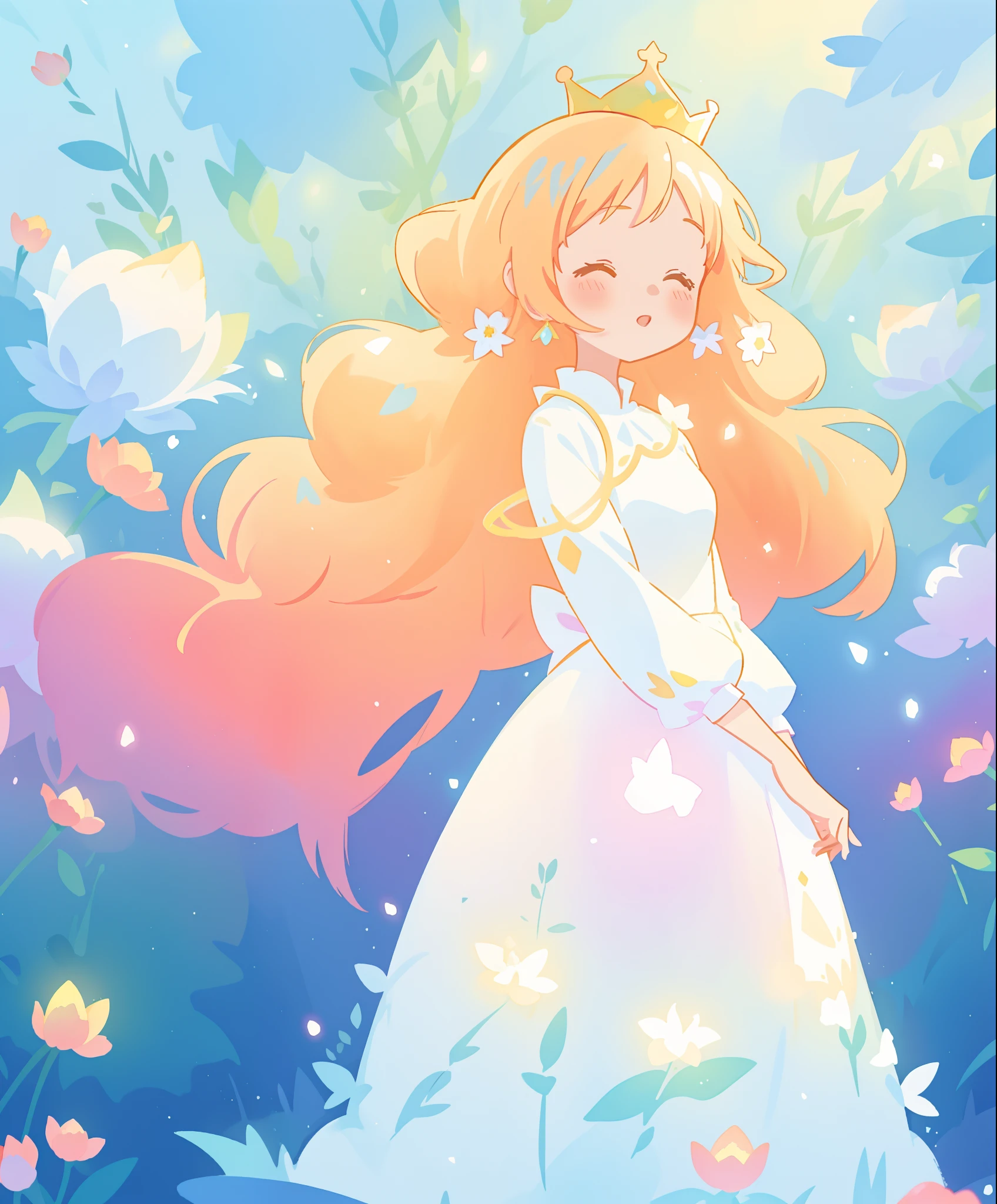 beautiful girl in white puffy ballgown, glowing ballgown, long gold peach hair, crown of delicate white flowers, colorful fantasia background, watercolor illustration, disney art style, glowing aura around her, glowing lights, beautiful digital illustration, fantasia otherworldly landscape plants flowers, beautiful, masterpiece, best quality, anime disney style