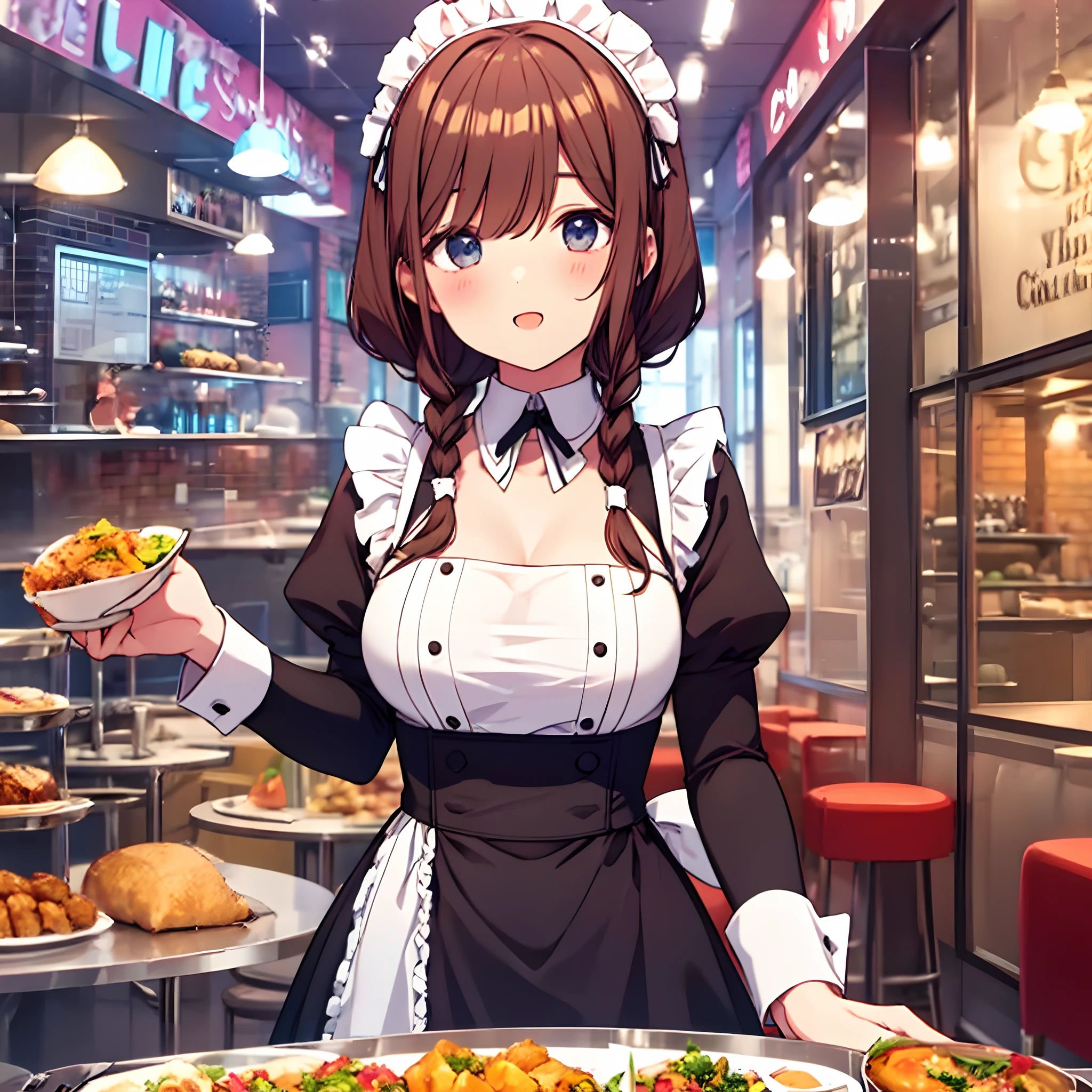 Maid outfit, serving food, slipping, surprise face, retro cafe background