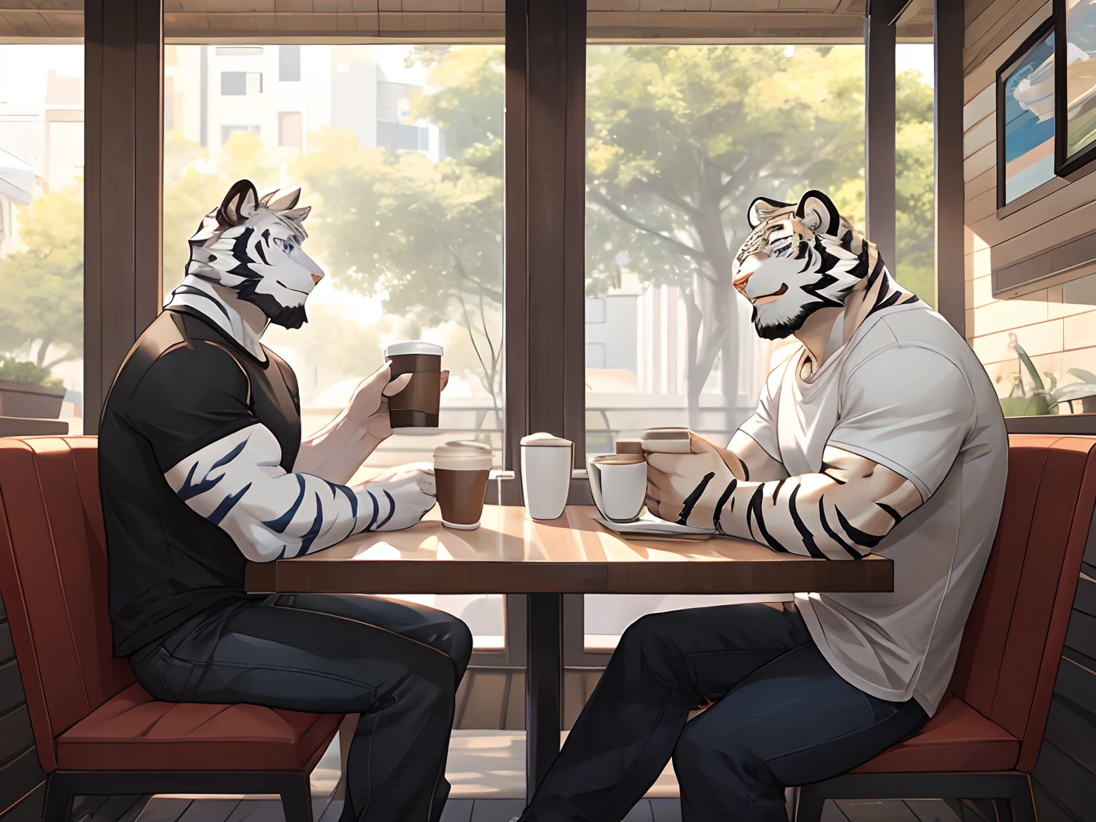 (Best Quality), 1Male,  (Furry White Tiger), Blue Eyes, White Medium Hair, Casual Set, Casual Black Shirt, Muscular, Good Looking, 1Male, (Furry White Tiger), Purple Eyes, Gray Medium Hair, Gray Facial Hair, Casual Set, Casual White Shirt, Good Looking, Muscular, (Drinking a cup of coffee)), Sitting in sofa, table, close to each other, Comfortable, Warm Feeling, Joy Expression, Morning, Cafe Background.