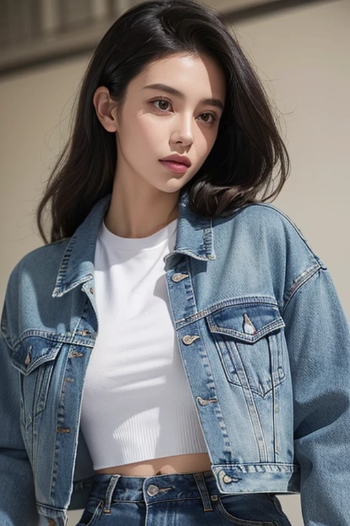 Close-up portrait of a woman in a cropped denim jacket, cropped shirt(With Jacket), wearing a jeans jackets, jean jacket, Denim jacket, Blue jacket, Trendy clothes, Wearing denim, Casual clothing, Short jacket, dressed casually, double denim, wearing a cropped tops, modern casual clothing, jeans, Wearing a shirt and jeans, Wearing a blue jacket