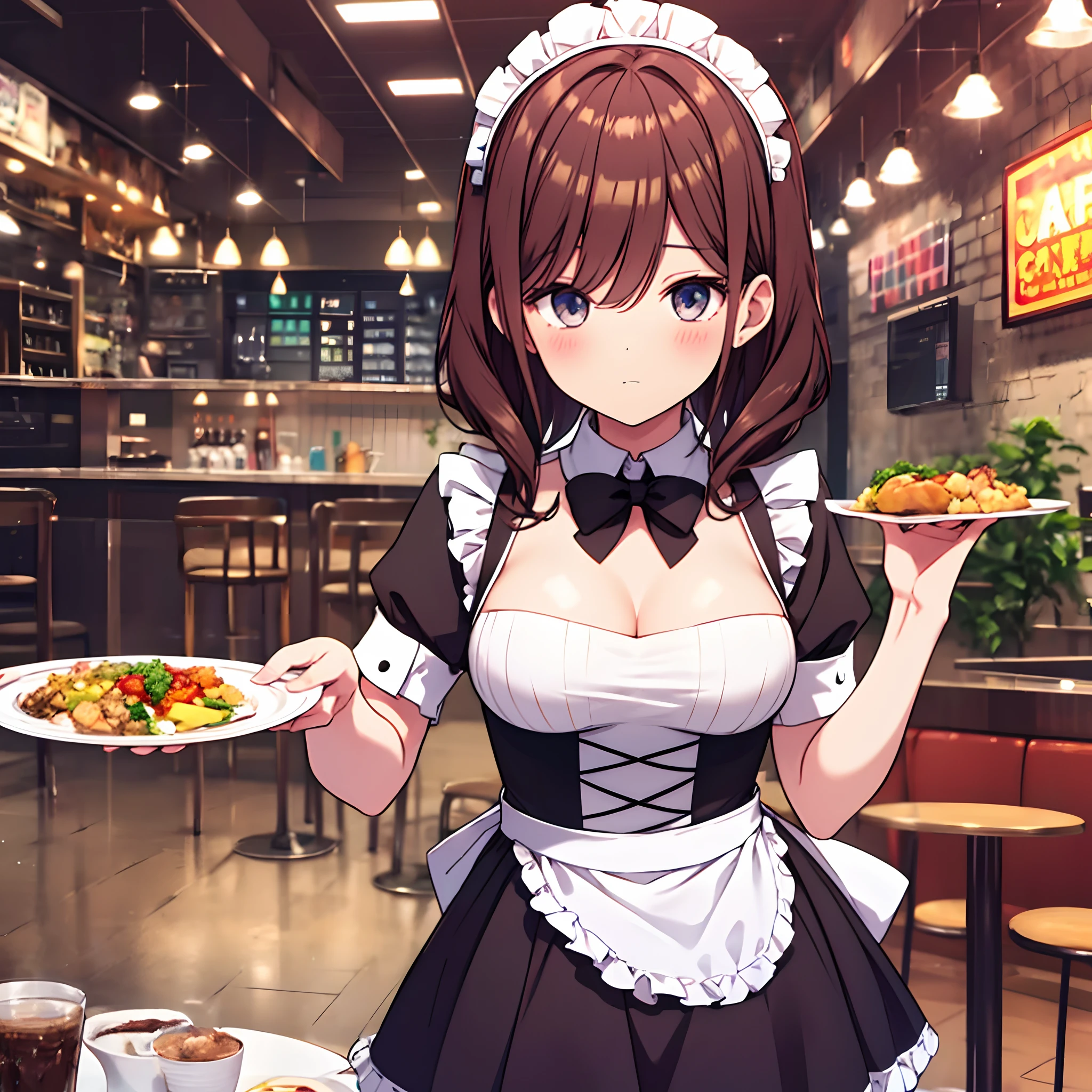 Maid outfit, serving food, slipping, surprise face, retro cafe background