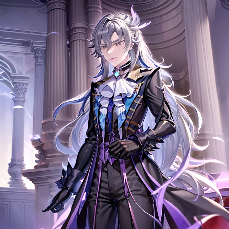 masterpiece, best quality, Neuvillette, ((1boy,Solo)),long hair,grey hair,multicolored hair,feather hair ornament, purple eyes, jewelry,ascot,long sleeves, shirt,gloves, black pants, ((Corruption))