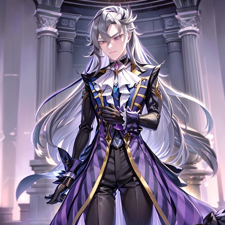 masterpiece, best quality, Neuvillette, ((1boy,Solo)),long hair,grey hair,multicolored hair,feather hair ornament, purple eyes, jewelry,ascot,long sleeves, shirt,gloves, black pants, ((Corruption))