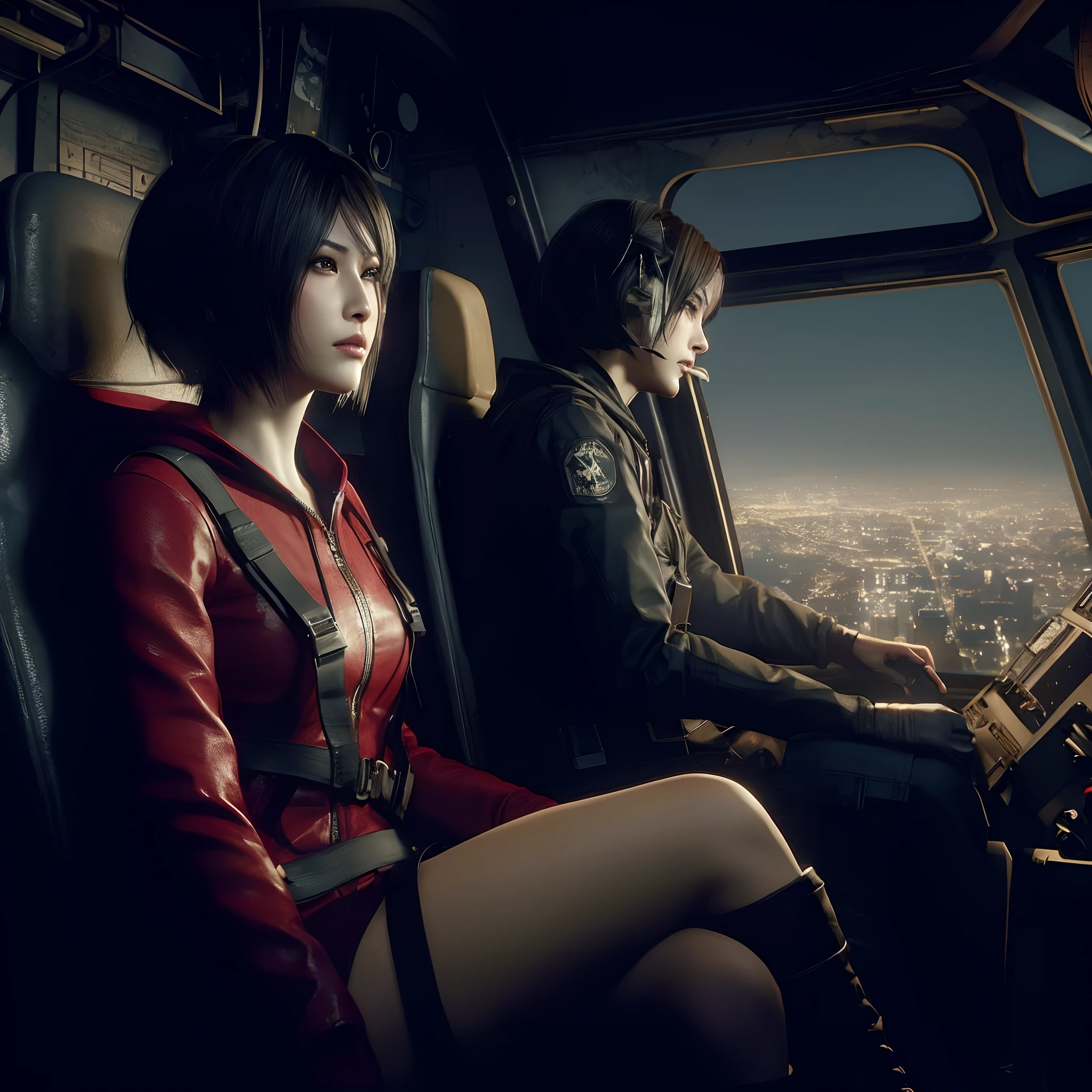 Ada wong, beautiful face, bob hair, perfect Face, wearing mini red dress hoody, wearing hoody, black nail polish, sad face, shy
