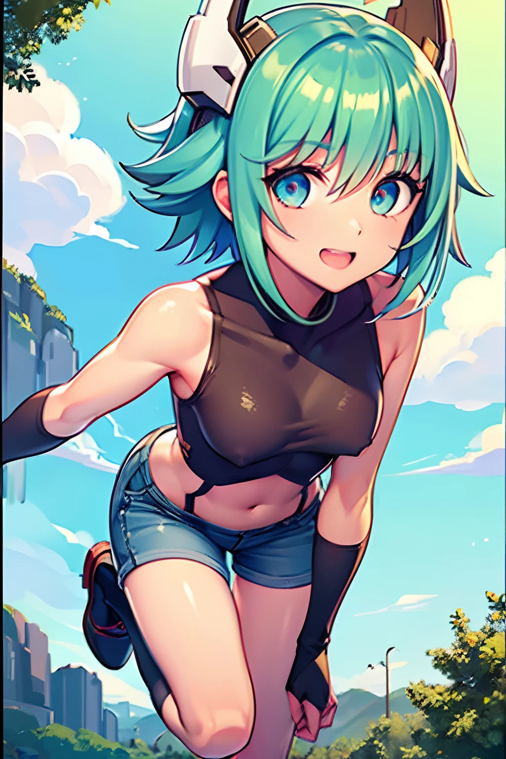 colorful auspicious clouds, sakura, leaf, tree, waterfall, acorn, soil, blurry_foreground, 1girl, day, painting, depth_of_field, blurry, (best quality), ((masterpiece)), cute anime girl, green hair, short hair, red t-shirt, cutout above navel, blue denim shorts, black boots, forest, c(lean detailed faces), analogous colors, beautiful gradient, clean image, high quality, high detail, high definition, cute face, 4k resolution, full body, ultra sharp focus, extremely detailed eyes, blue eyes, detailed symmetric realistic face, extremely detailed natural texture, perfectly centered medium, nikon d850 film stock photograph, kodak portra 400 camera f1.6 lens, extremely detailed, amazing, fine detail, rich colors, one body, fully clothed, face, head in frame, body in frame, good proportions