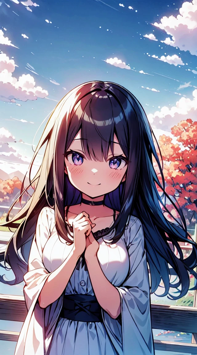 masutepiece, Best Quality,Illustration, Wallpaper, ultra -detail, Absurd beauty, 1beautiful girl、Bright hair color、Glitter and big eyes、Hair fluttering in the wind、ample breasts、♡、Smaller head、Autumn landscape、miscievous smile