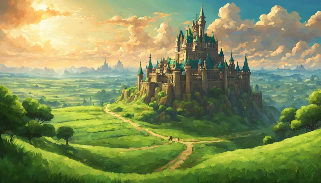 a beautiful landscape of hyrule field, an intricate castle in the foreground, green, masterpiece, best quality