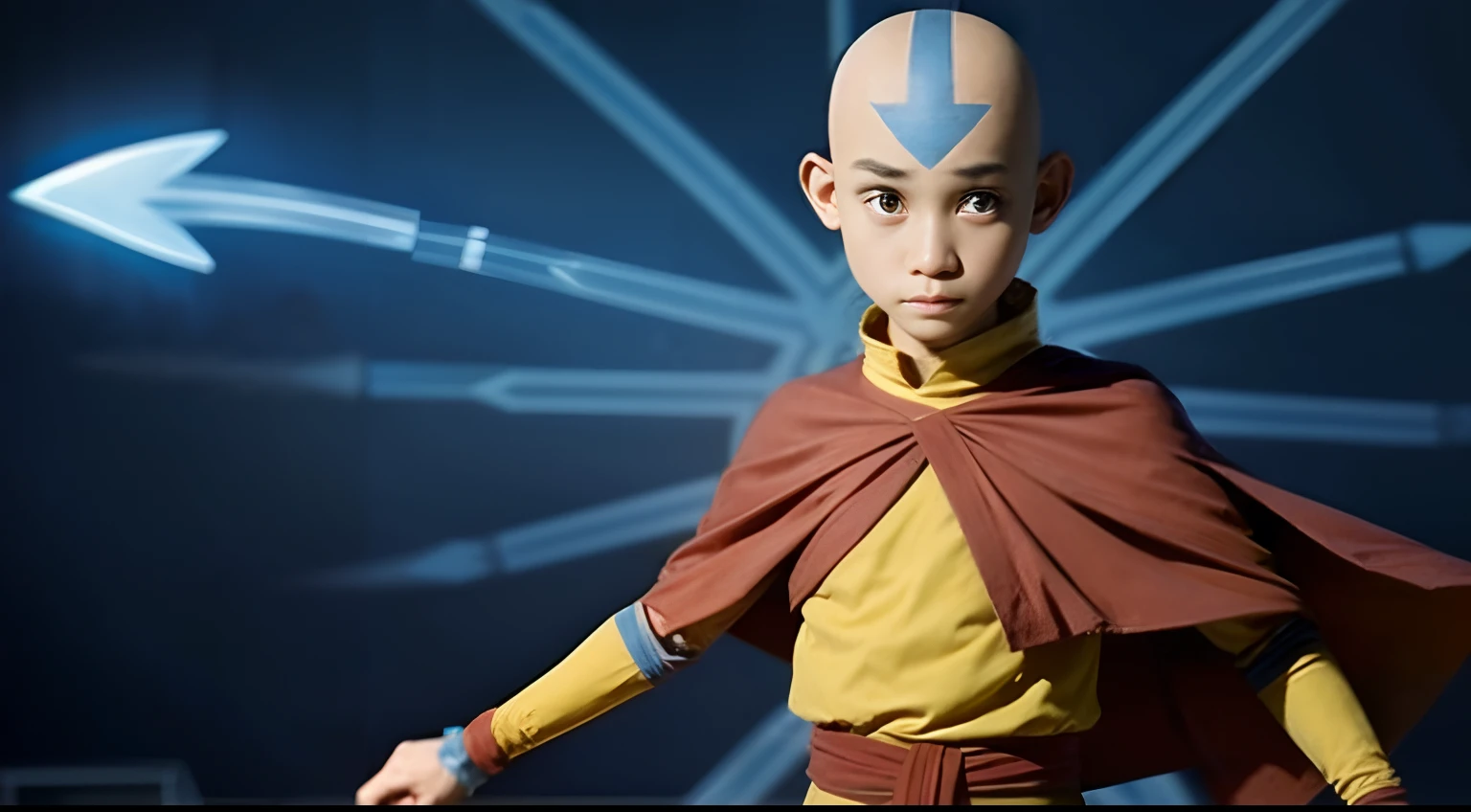 AangAv, solo, 1 boy, Tibetan, light skin, gray eyes, bald, blue arrow, orange and yellow robes,