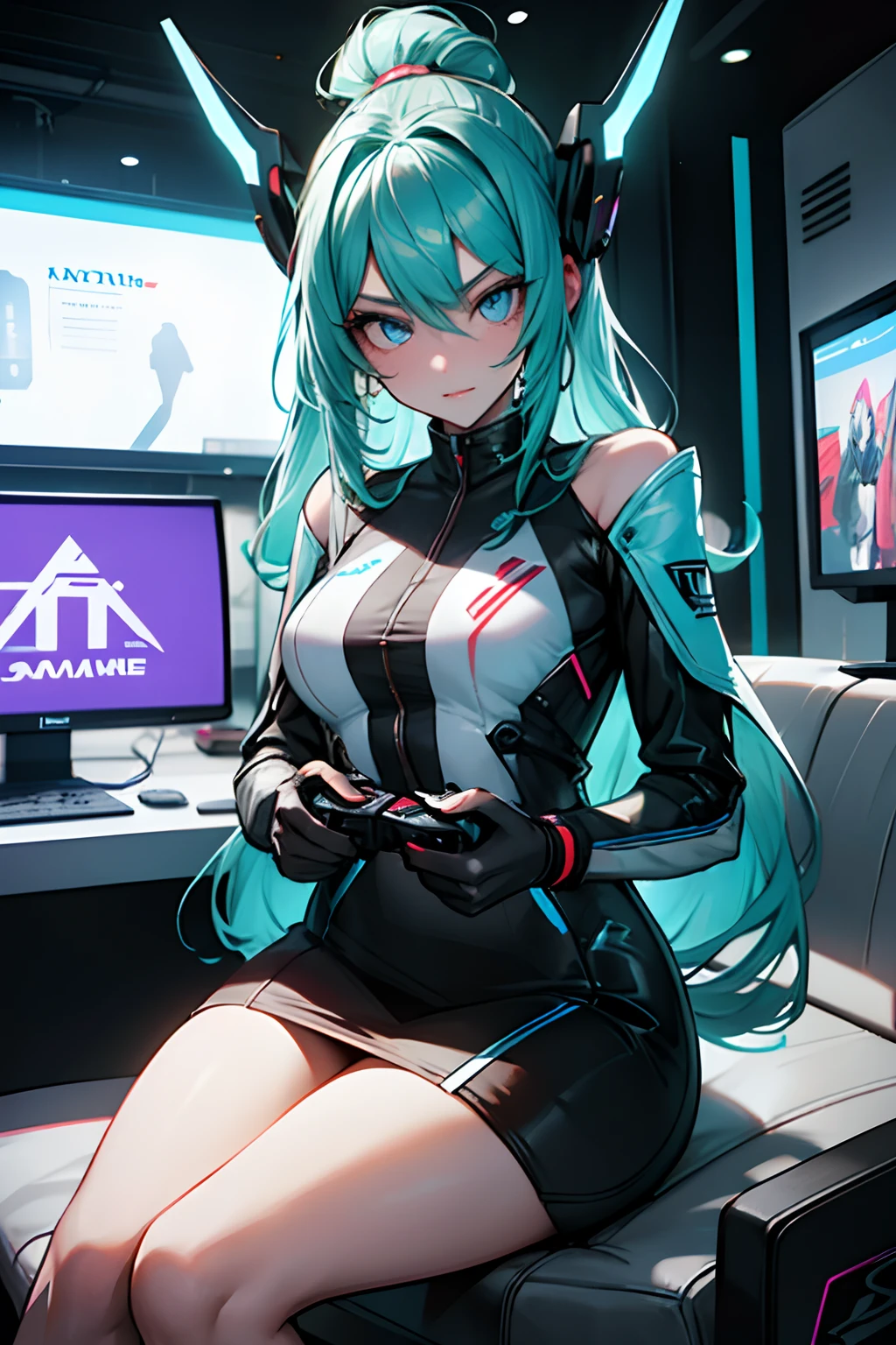 Chica joven jugando videojuegos en una consola, Traje revelador, Ojos bellamente detallados, long eyeslashes, focused expression, Colorful Game Setup, Vibrant room décor, Neon lights, Experiencia de realidad virtual inmersiva, Dramatic lighting, HD Graphics, High-resolution display, Controlador de juego interactivo, Historia cautivadora, Jugabilidad intensa, dynamic camera angles, Futuristic sci-fi setting, Mesmerizing Images, Energetic background music, Online Competitive Games, Adrenalina, Jugabilidad habilidosa, Ganar la victoria, Comunidad de jugadores.