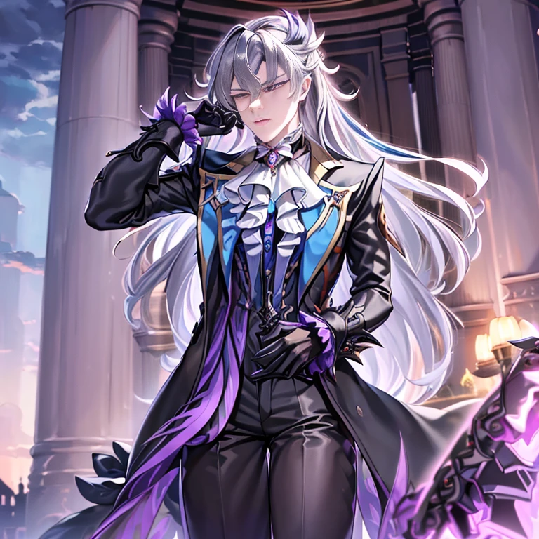 masterpiece, best quality, Neuvillette, ((1boy,Solo)),long hair,grey hair,multicolored hair,feather hair ornament, purple eyes, jewelry,ascot,long sleeves, shirt,gloves, black pants, ((Corruption)),dark_persona_lora