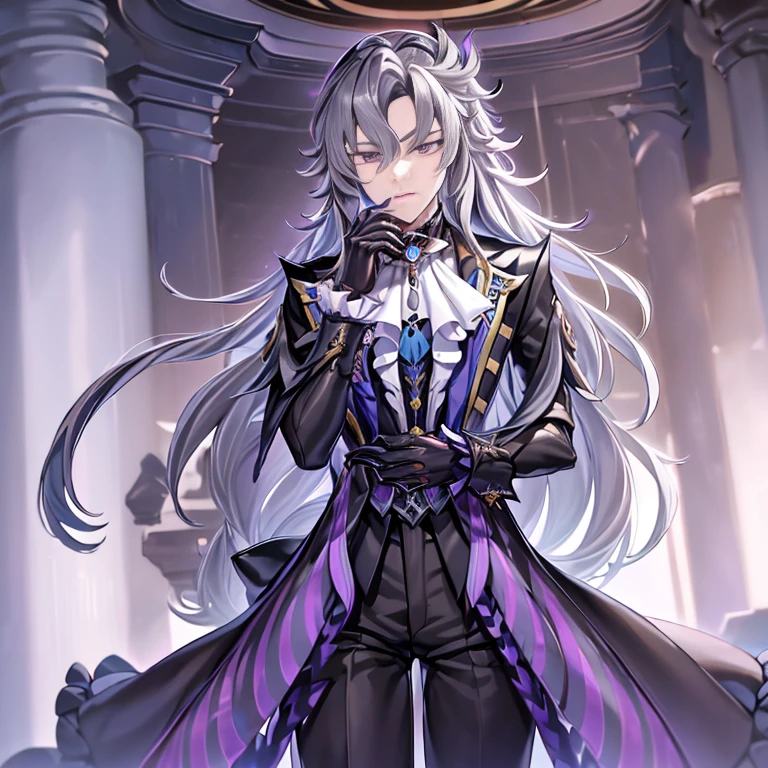 masterpiece, best quality, Neuvillette, ((1boy,Solo)),long hair,grey hair,multicolored hair,feather hair ornament, purple eyes, jewelry,ascot,long sleeves, shirt,gloves, black pants, ((Corruption)),dark_persona_lora