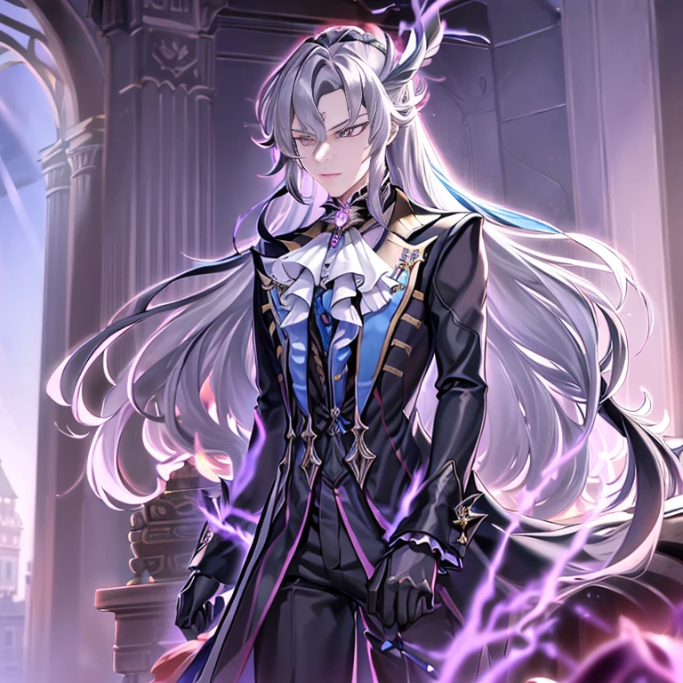 masterpiece, best quality, Neuvillette, ((1boy,Solo)),long hair,grey hair,multicolored hair,feather hair ornament, purple eyes, jewelry,ascot,long sleeves, shirt,gloves, black pants, ((Corruption)),dark_persona_lora