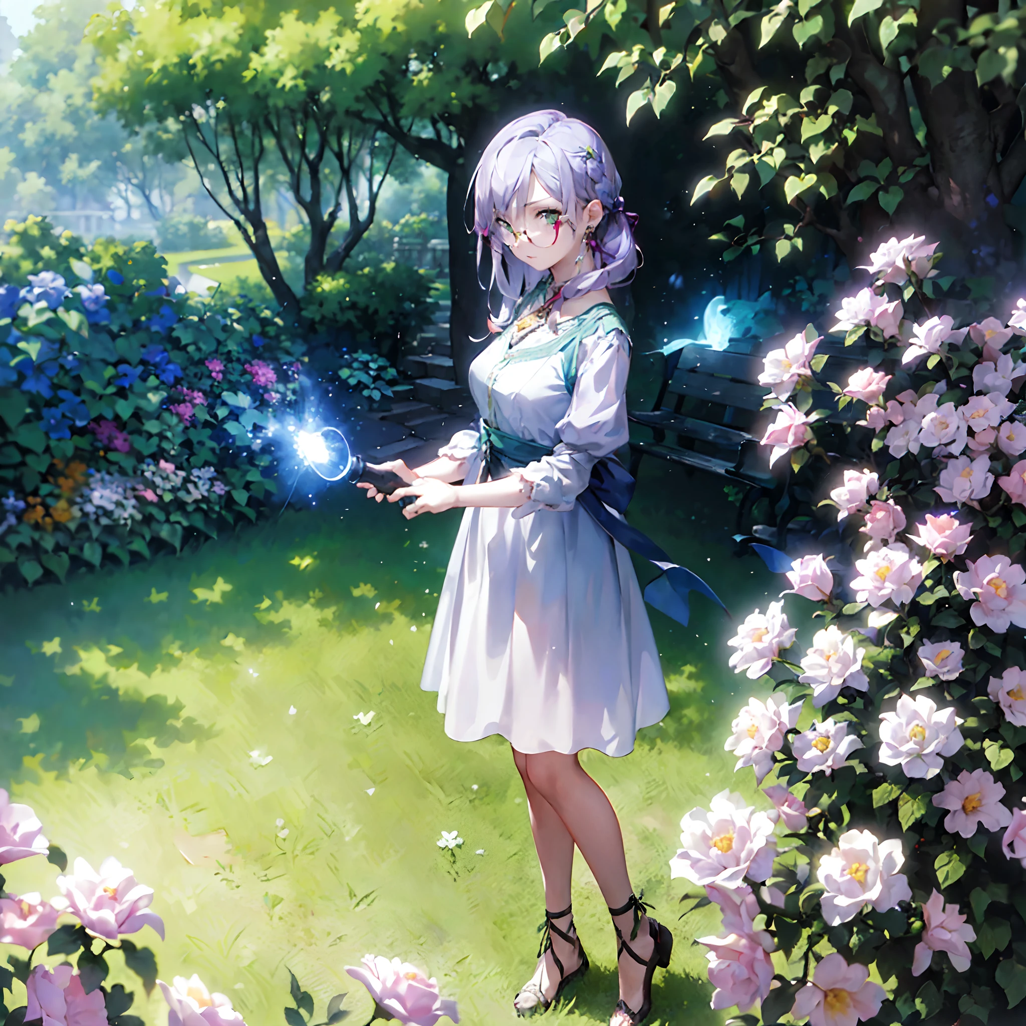 (masterpiece、top-quality、top-quality、Official art、Beautifully Aesthetic:1.2)、((1girl in))、Stand in the garden、looking at the viewers、eye glass、Light purple hair、green colored eyes、Longer dress