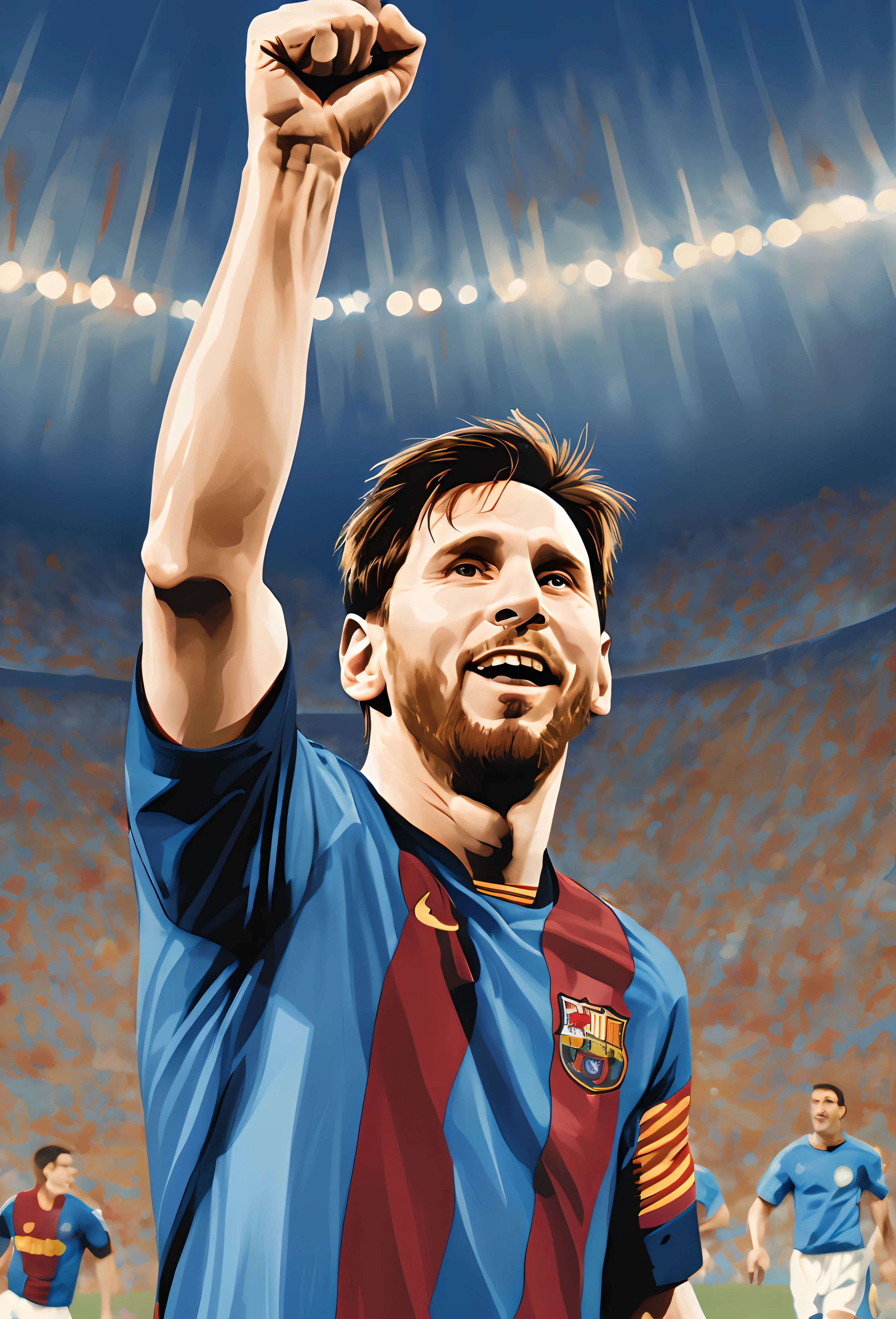 (A vivid image of a footballer celebrating a goal), Raise your right hand into a fist above your head, (The left hand hangs naturally), (lionel messi), Lionel Messi wears a blue jersey, There is a number 10 on the jersey, Portrait of Lionel Messi, (American retro poster style), ((modern times)), (Positive perspective)The fifties and sixties of the twentieth century, god light, Negative space, 16k, 8K