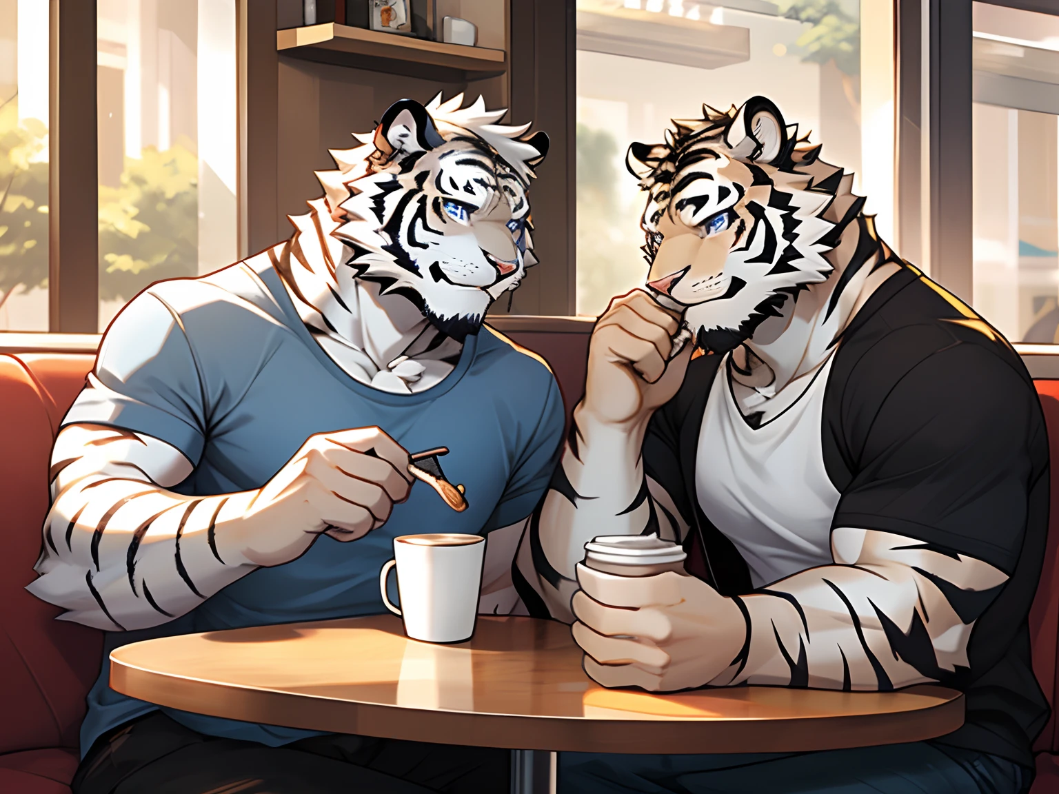 (Best Quality), 1Male,  (Furry White Tiger), Blue Eyes, White Medium Hair, Casual Set, Casual Black Shirt, Muscular, Good Looking, 1Male, (Furry White Tiger), Purple Eyes, Gray Medium Hair, Gray Facial Hair, Casual Set, Casual White Shirt, Good Looking, Muscular, (Drinking a cup of coffee)), Sitting in sofa, table, close to each other, Comfortable, Warm Feeling, Joy Expression, Morning, Cafe Background.