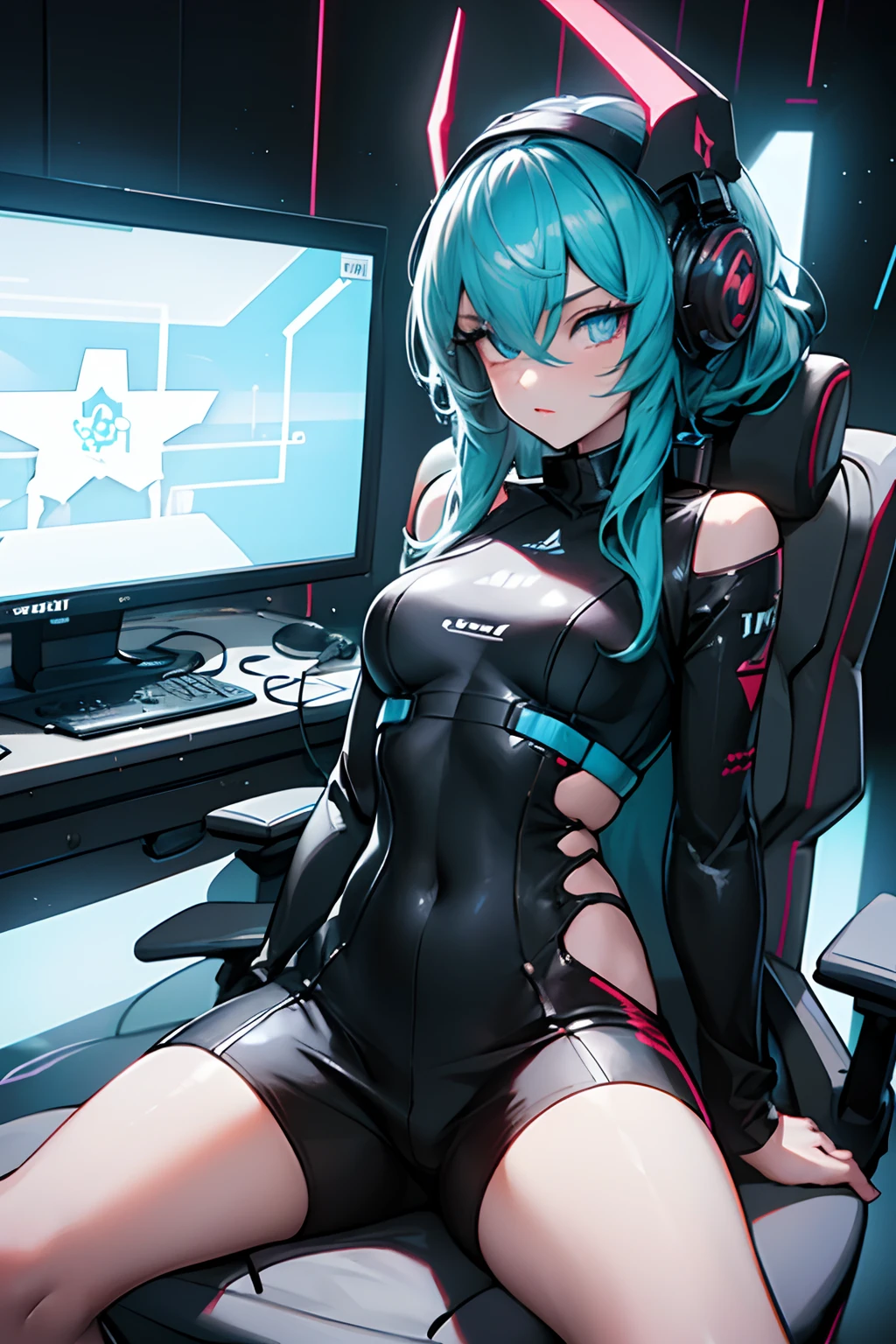 Chica joven jugando videojuegos en una consola, Traje revelador, Ojos bellamente detallados, long eyeslashes, focused expression, Colorful Game Setup, Vibrant room décor, Neon lights, Experiencia de realidad virtual inmersiva, Dramatic lighting, HD Graphics, High-resolution display, Controlador de juego interactivo, Historia cautivadora, Jugabilidad intensa, dynamic camera angles, Futuristic sci-fi setting, Mesmerizing Images, Energetic background music, Online Competitive Games, Adrenalina, Jugabilidad habilidosa, Ganar la victoria, Comunidad de jugadores.