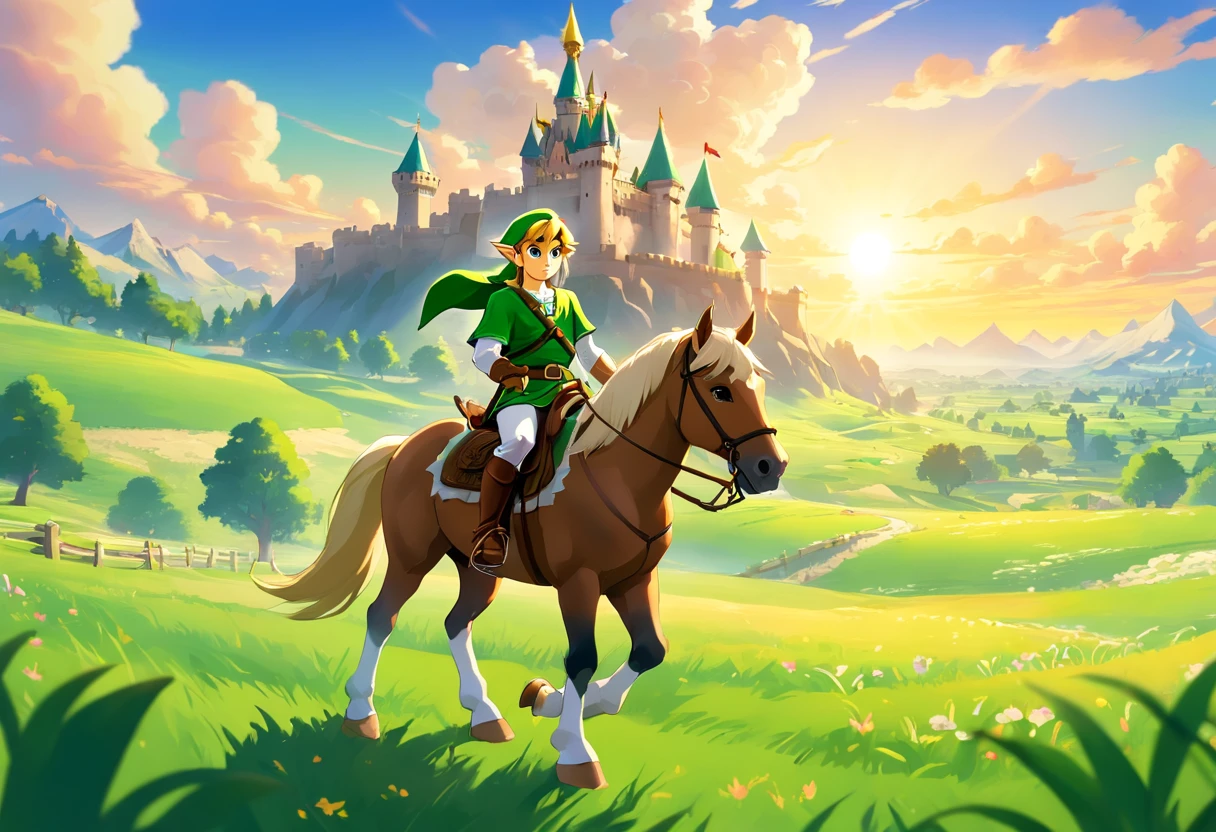 A femenine version of link from tloz in front of the great deku tree, intricate tree texture, cinematic, Nightfall, soft light from the right, epic, from behind