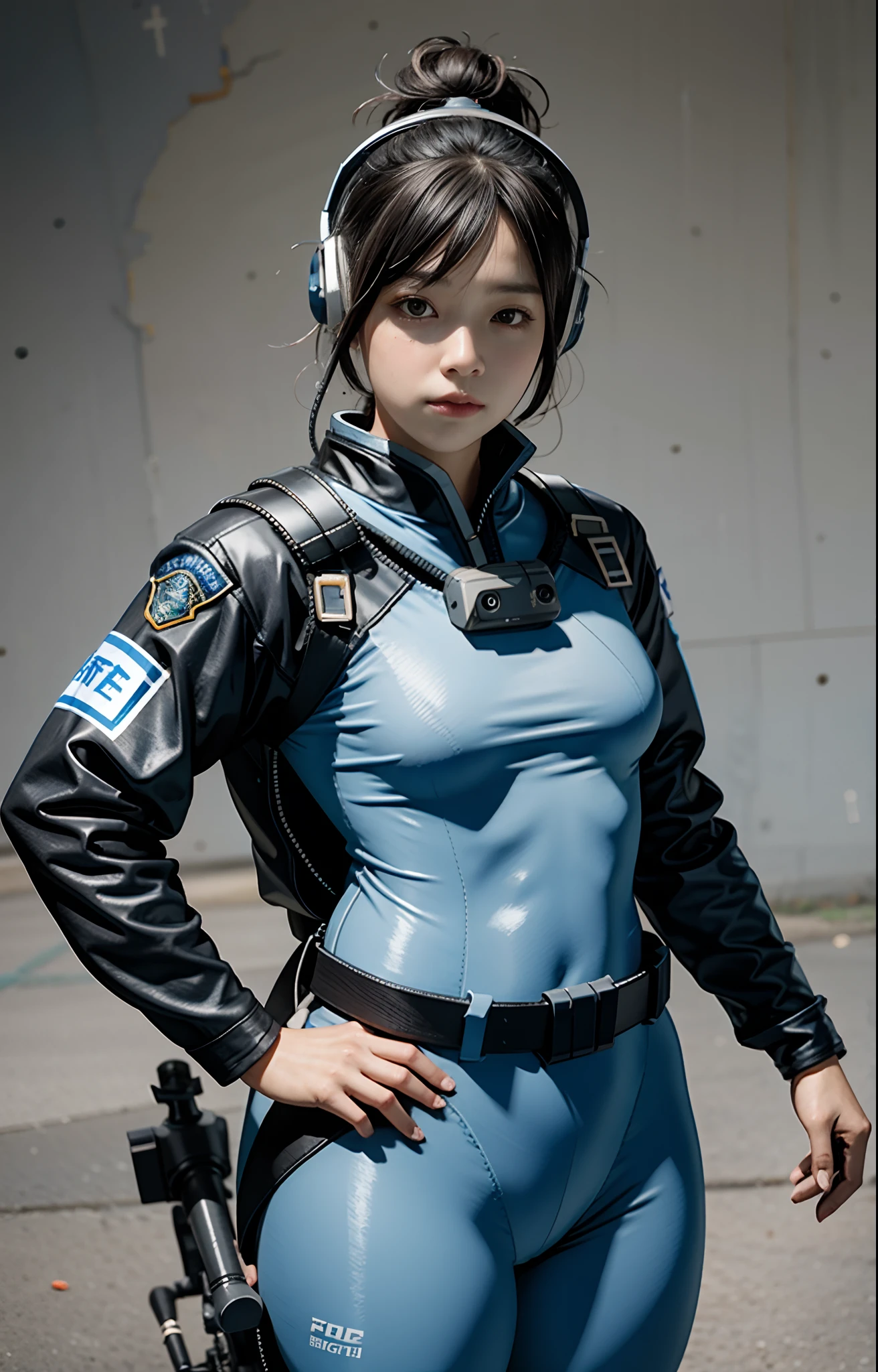 Highest image quality, outstanding details, ultra-high resolution, (realism: 1.4), ((close up:0.75)), highly condensed 1 lady, with beautiful and a delicate face, perfect proportion, (chubby:0.3, small breasts), (cloths color base ratio black:0.4 white:0.5 other-color:0.1), (wearing rash-guard likes police uniform, black and gray mecha, wearing high-tech headset, military harness, holding a machinegun, carrying hich-tech-flamethrower -tank on back), captain, background simple gray wall,