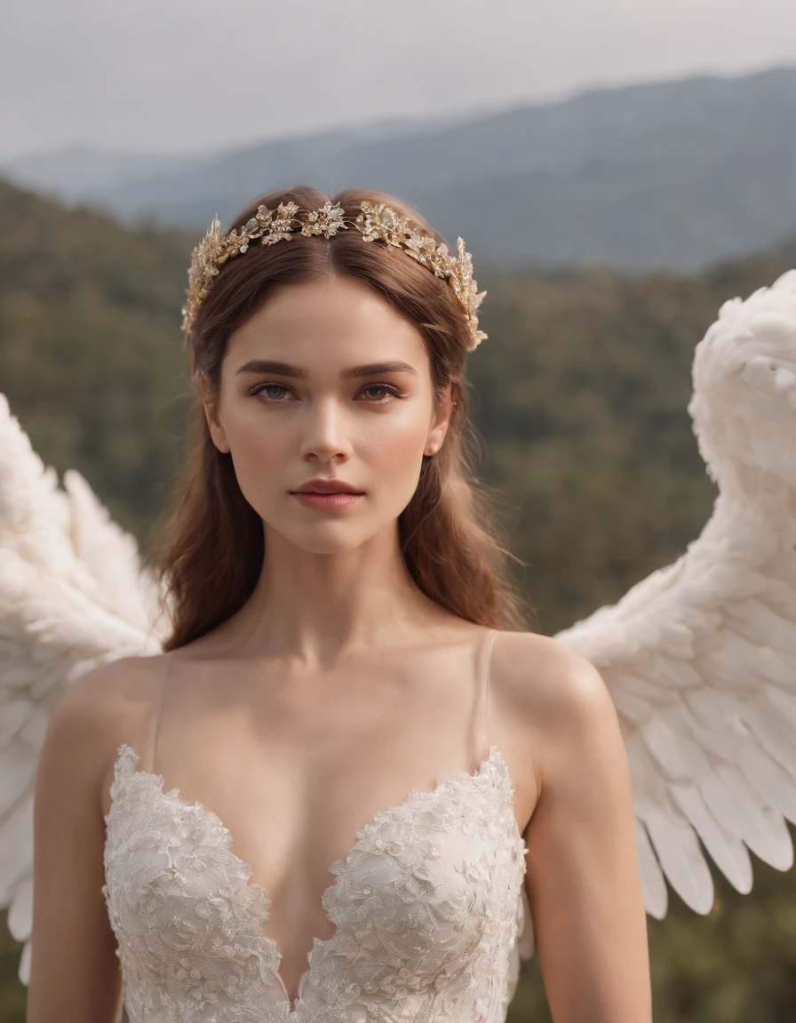 Craft a poignant ultra-realistic 8k image capturing the transcendent beauty of a fiercely confident woman. Illuminate her features with warm, golden light, emphasizing her strength and grace. Enrich the scene with big, luminous white angel wings, conveying a sense of ethereal power and serenity that evokes admiration and aw