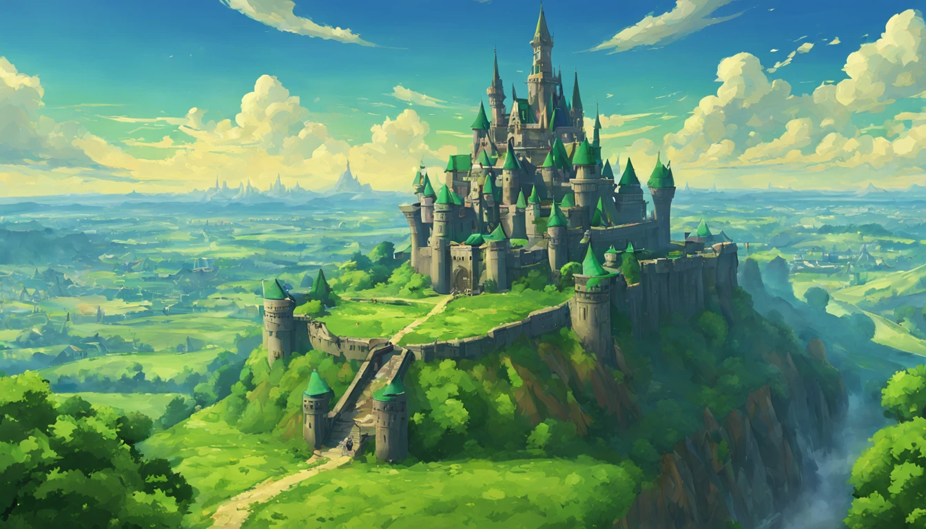 a beautiful landscape of hyrule field, an intricate castle in the foreground, green, masterpiece, best quality