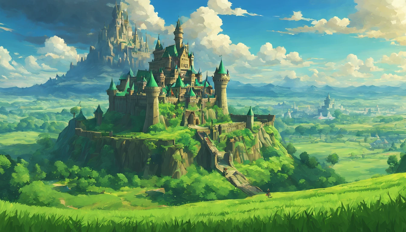 A femenine version of link from tloz in front of the great deku tree, intricate tree texture, cinematic, Nightfall, soft light from the right, epic, from behind