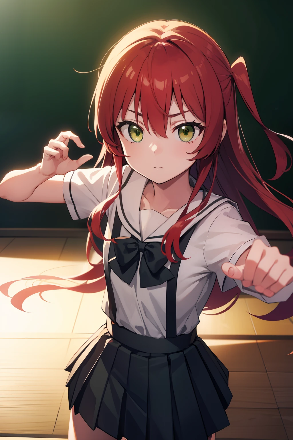 kitaikuyo, ikuyo kita, (green eyes:1.5), hair between eyes, long hair, one side up, red hair, (flat chest:1.2),
BREAK black footwear, black skirt, grey sailor collar, pleated skirt, sailor collar, school uniform, shoes, short sleeves, shuka high school uniform, skirt,,
BREAK looking at viewer,
BREAK indoors, classroom,
BREAK (masterpiece:1.2), best quality, high resolution, unity 8k wallpaper, (illustration:0.8), (beautiful detailed eyes:1.6), extremely detailed face, perfect lighting, extremely detailed CG, (perfect hands, perfect anatomy),up chest.big breasts.Sad face.fighting stance.