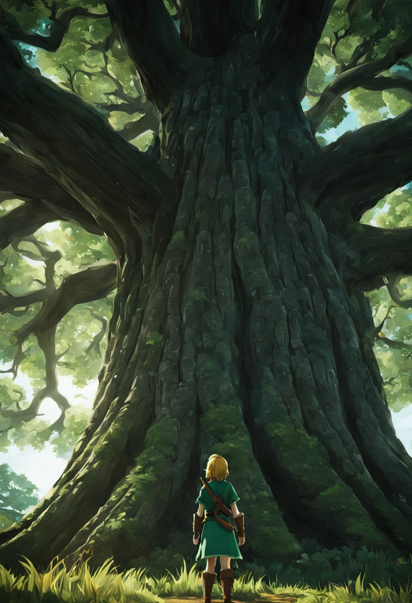 A femenine version of link from tloz in front of the great deku tree, intricate tree texture, cinematic, Nightfall, soft light from the right, epic, from behind