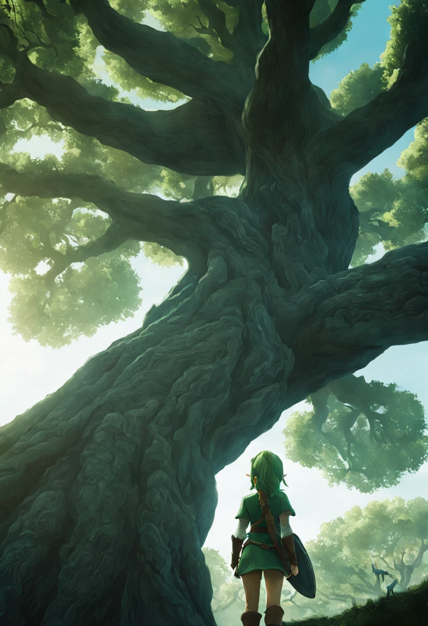 A femenine version of link from tloz in front of the great deku tree, intricate tree texture, cinematic, Nightfall, soft light from the right, epic, from behind