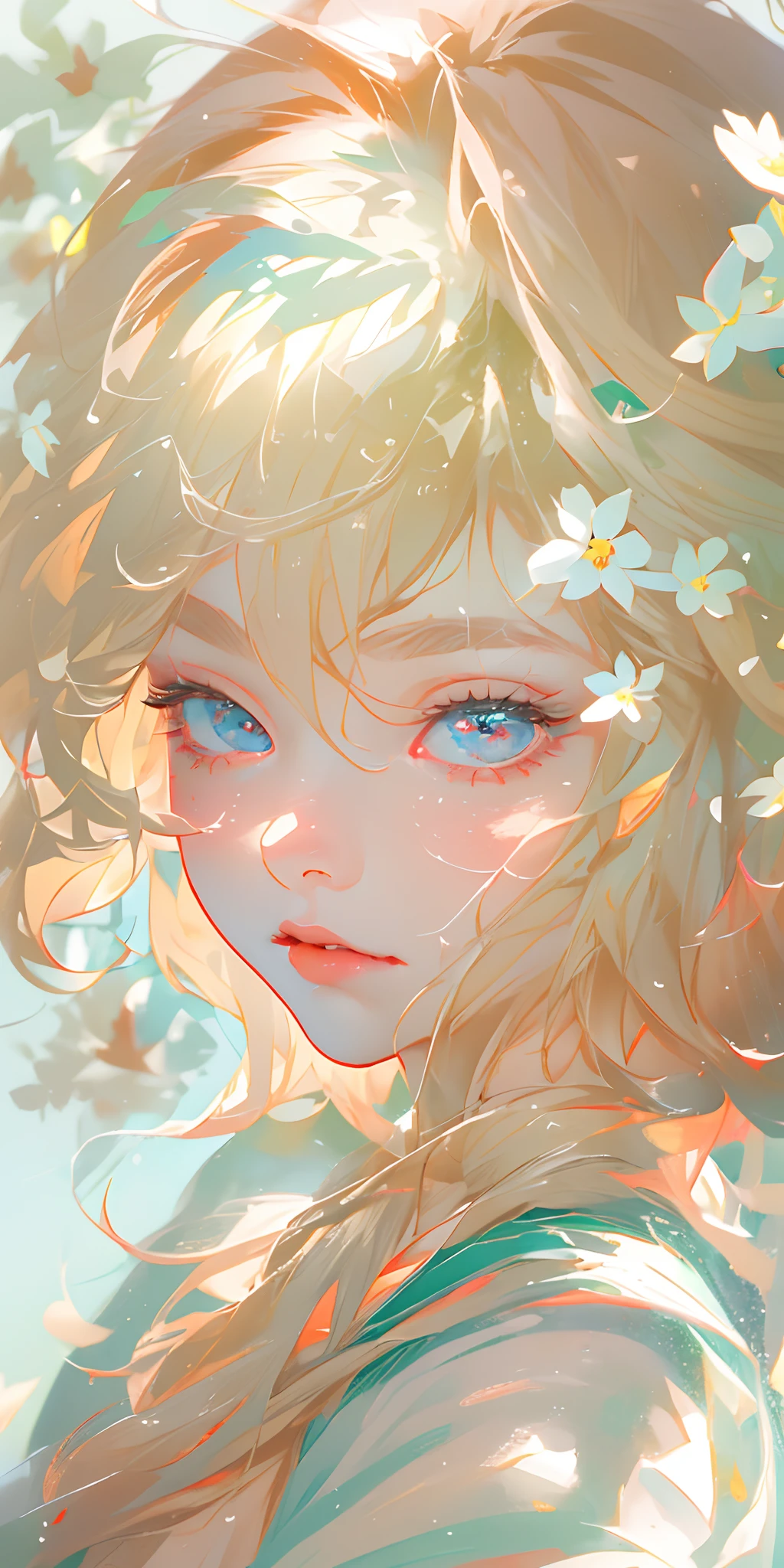 (best quality, masterpiece), 1girl, pose, particle, wind, flower, upper body, simple background, looking at viewer, focus on face, blonde,