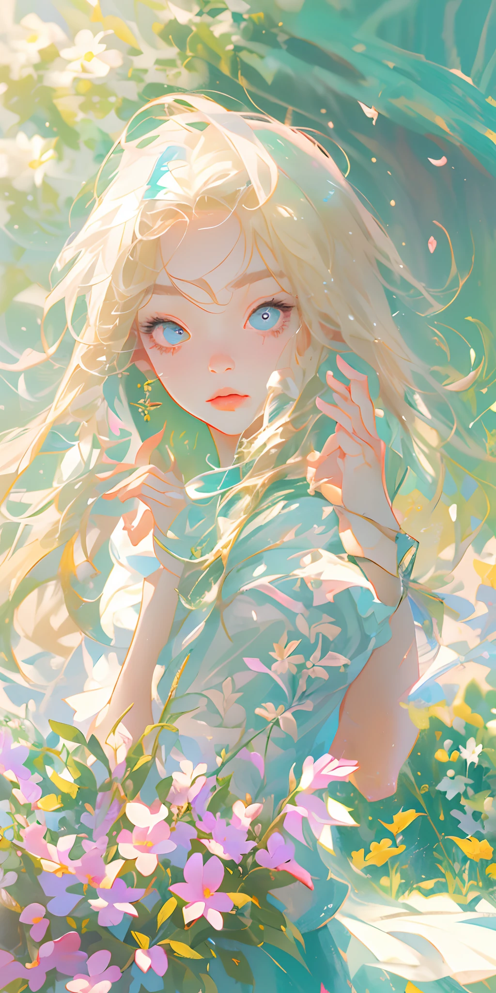 (best quality, masterpiece), 1girl, pose, particle, wind, flower, upper body, simple background, looking at viewer, focus on face, blonde,