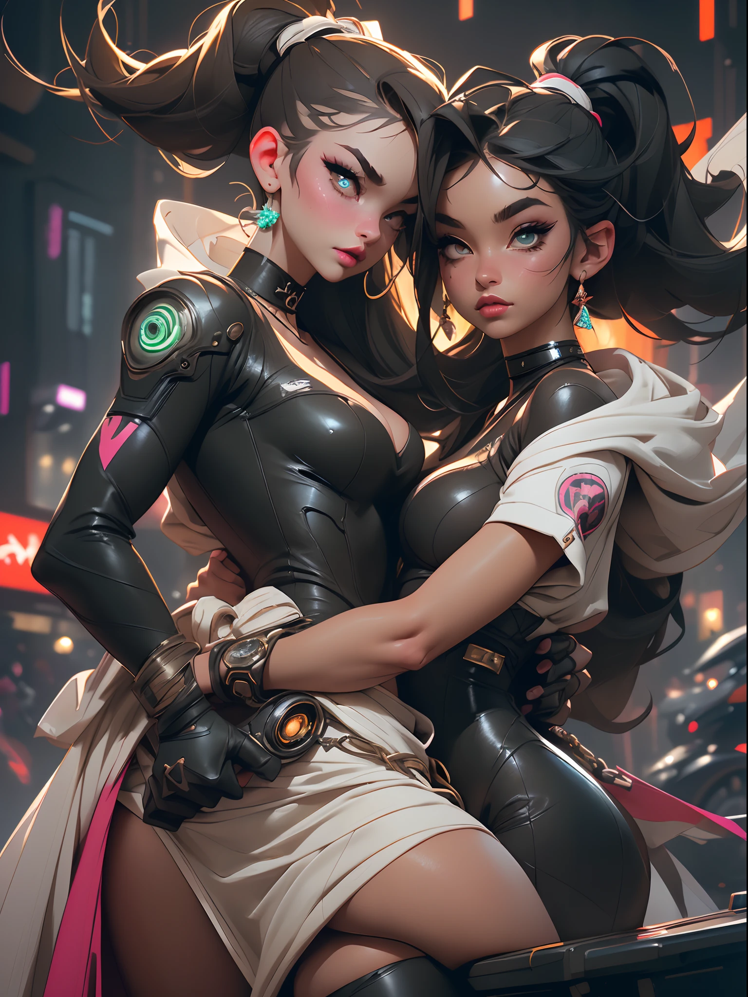 2 women hugging each other, Cover your crotch with your hands, (A woman has green eyes, White skin, Long black hair, pony tails, choker necklace, Small breasts, lipstick, Makeup, eyes liner), (The other woman is a brown-eyed blonde), Dress up in a sexy outfit in neon colors, On the pool, (Cyberpunk theme), (Masterpiece, Best quality, 8K, Sharp focus, Depth of field, Best shadows, perfect lights, hdr, Realistic skin texture, Ultra-detailed and detailed background),Correct anatomy,Detailed face, Detailed eyes,swordsmen,